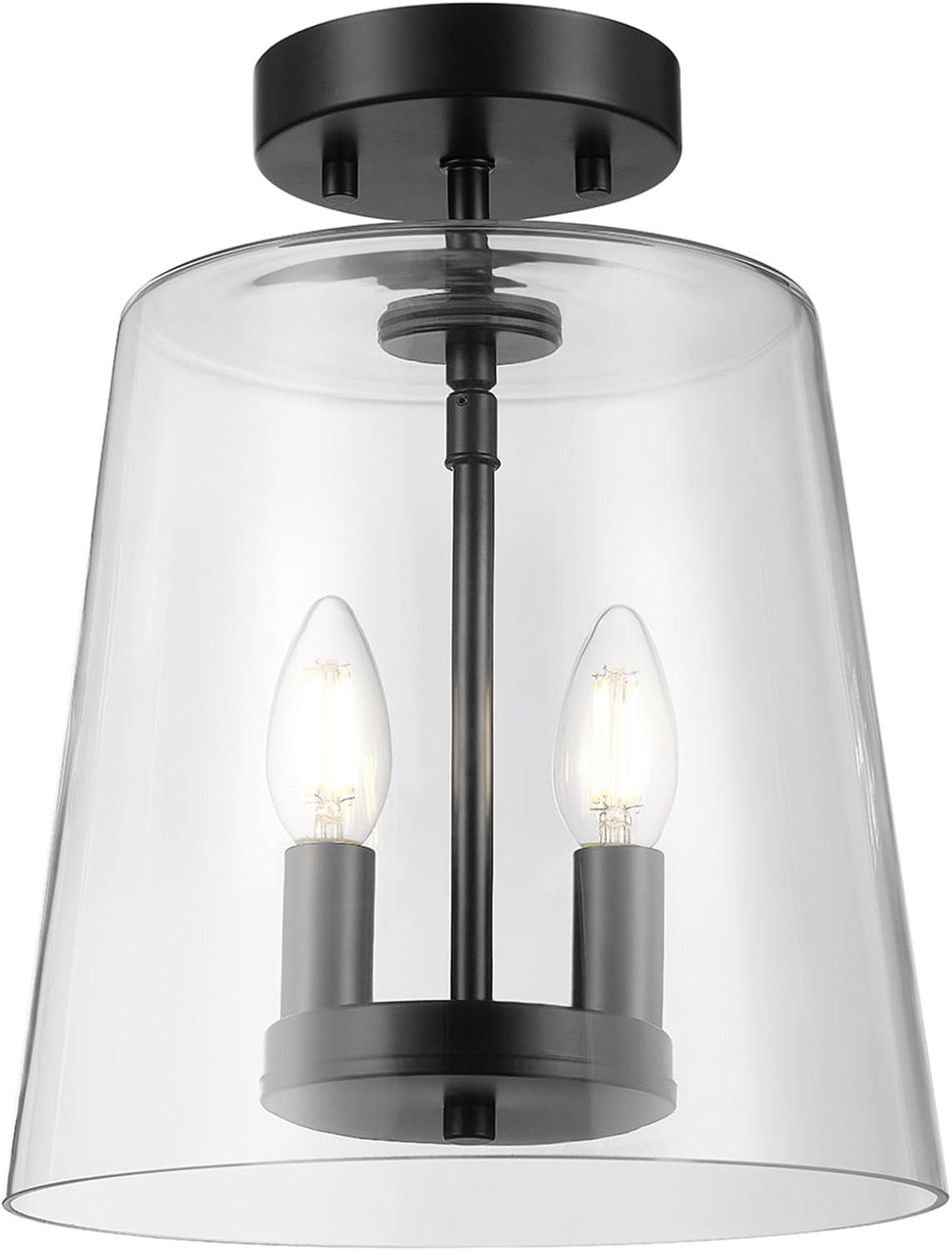 GLOBE Electric 66000083 2-Light Semi-Flush Mount Ceiling Light, Matte Black, Glass Shade, E12 Base Sockets, Ceiling Light Fixture, Home Improvement, Bedroom Lights for Ceiling, Dining Light Fixture