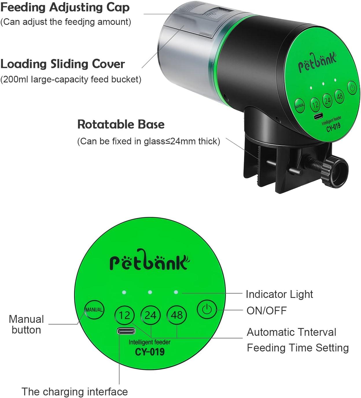 Petbank Automatic Fish Feeder for Aquarium, Auto Fish Food Dispenser with Timer, USB Charging, Green