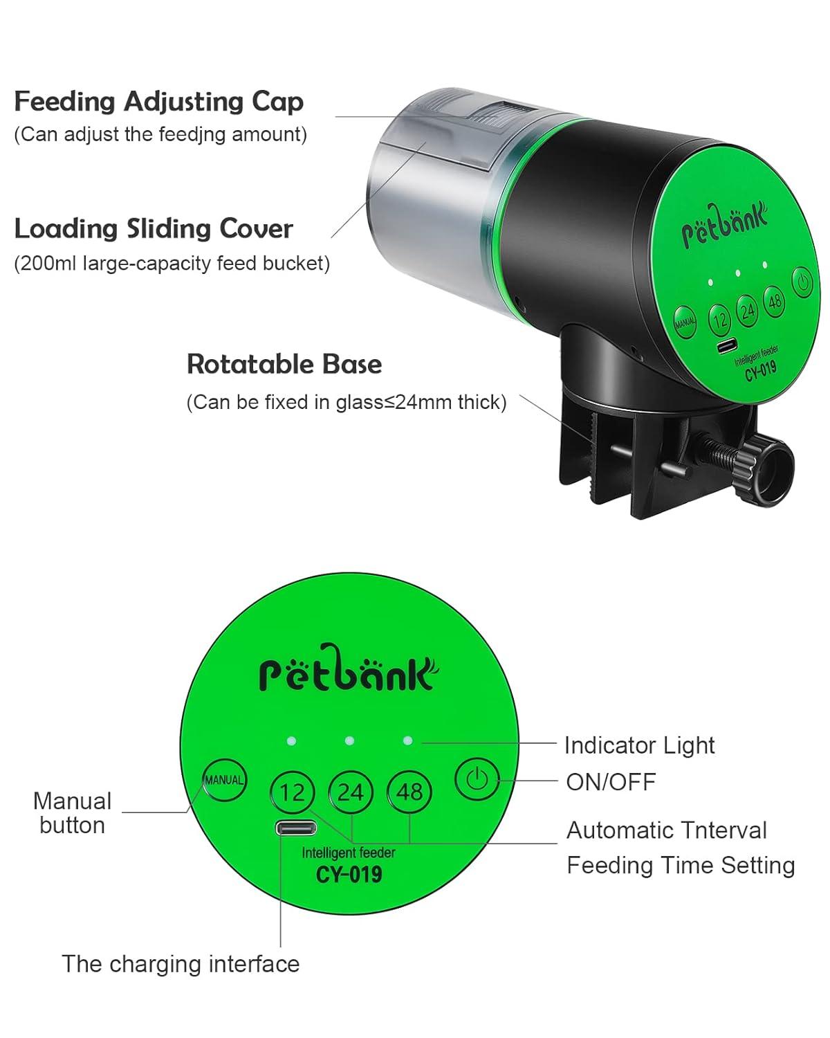 Petbank Automatic Fish Feeder for Aquarium, Auto Fish Food Dispenser with Timer, USB Charging, Green