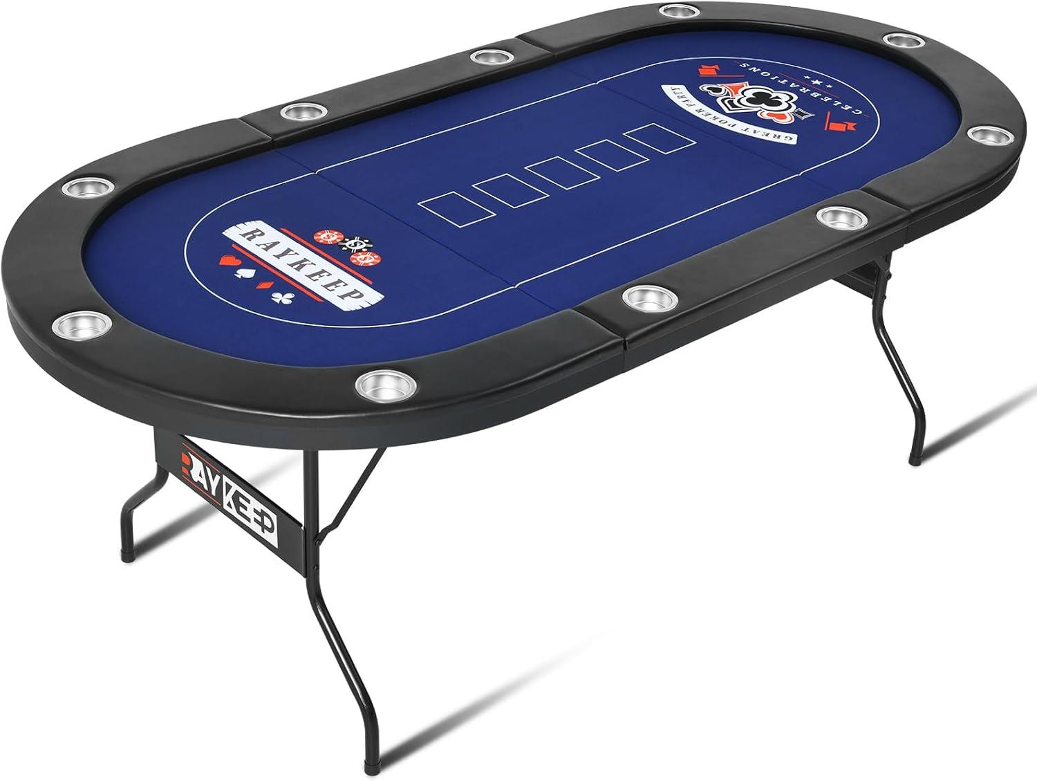 RayChee Poker Table 84'' 10-Player Foldable Poker Table, Portable Casino Leisure Texas Holdem Table with Padded Rails and Cup Holders
