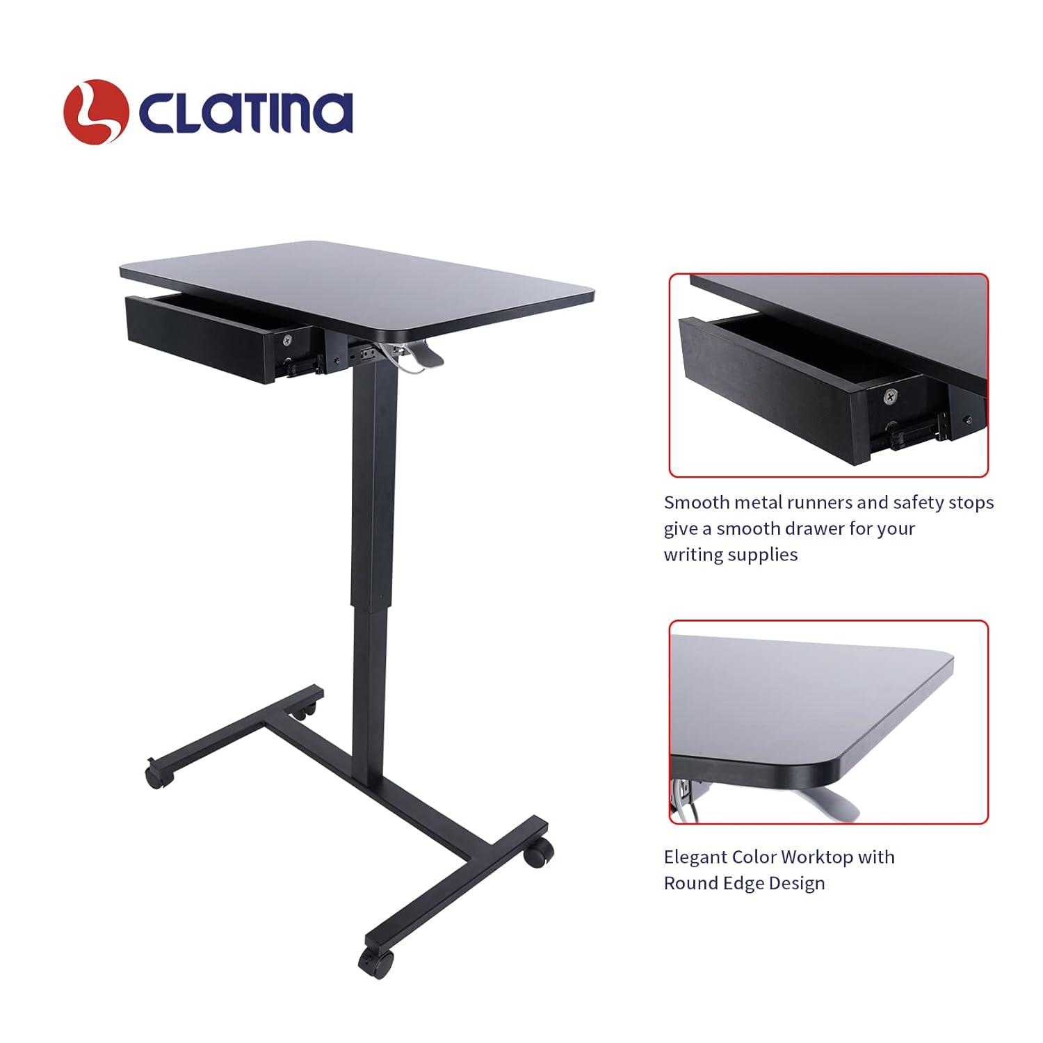 Clatina CLATINA Mobile Laptop Desk Pneumatic Sit to Stand Table Height Adjustable Rolling Cart