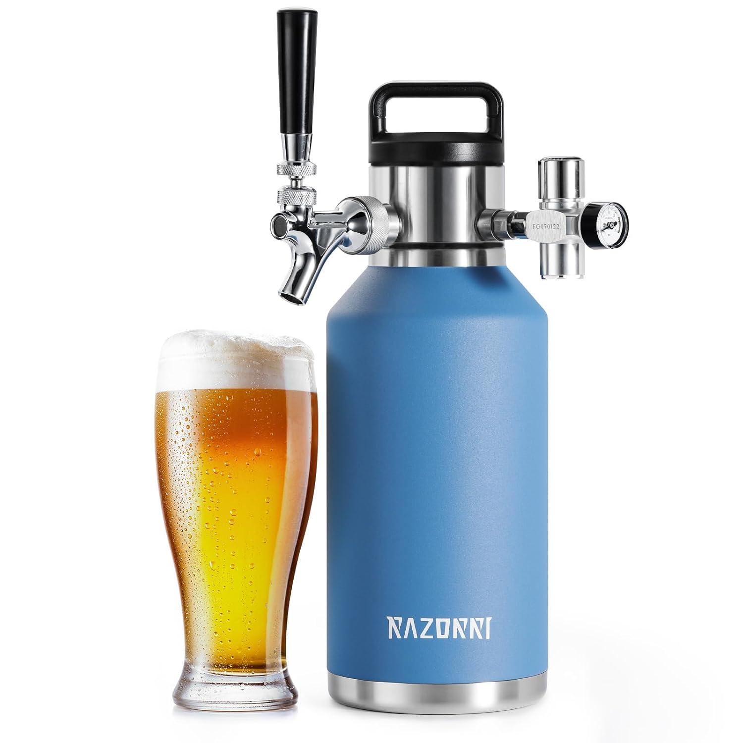 Razorri Engorde de Cerveza de Acero Inoxidable de 64 Oz, Barril Carbonatado con Aislamiento Al Vacío de Doble Pared con Grifo de Barra Profesional y Regulador de CO2 a Presión, 0,5 Galones, Azul Océano
