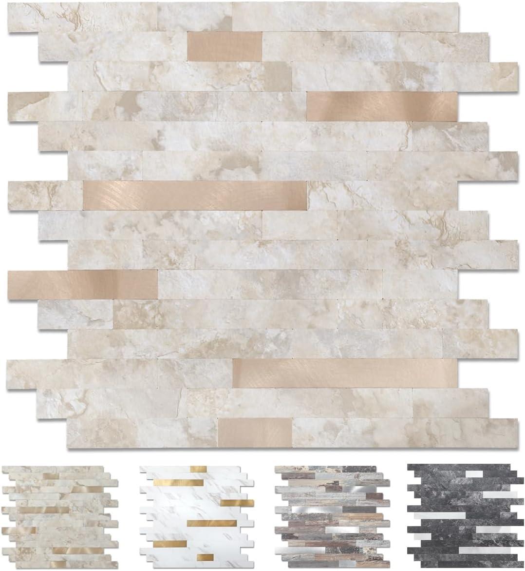 10-Pack Peel and Stick Tile Backsplash 12"X12" PVC Wall Tiles, Stick on Backsplash for Kitchen, Bathroom Tile, Fireplace Décor, Laundry Table, Stair Decals in Cala Golden