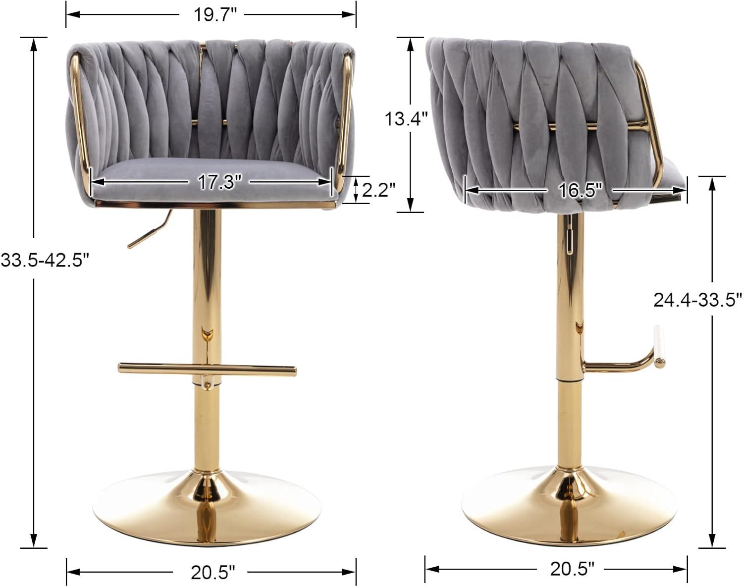 Velvet Bar Stools Set of 2, Counter Height Bar Stools with Low Back, Gold Swivel Barstools for Kitchen Island, Bar Pub (Grey)