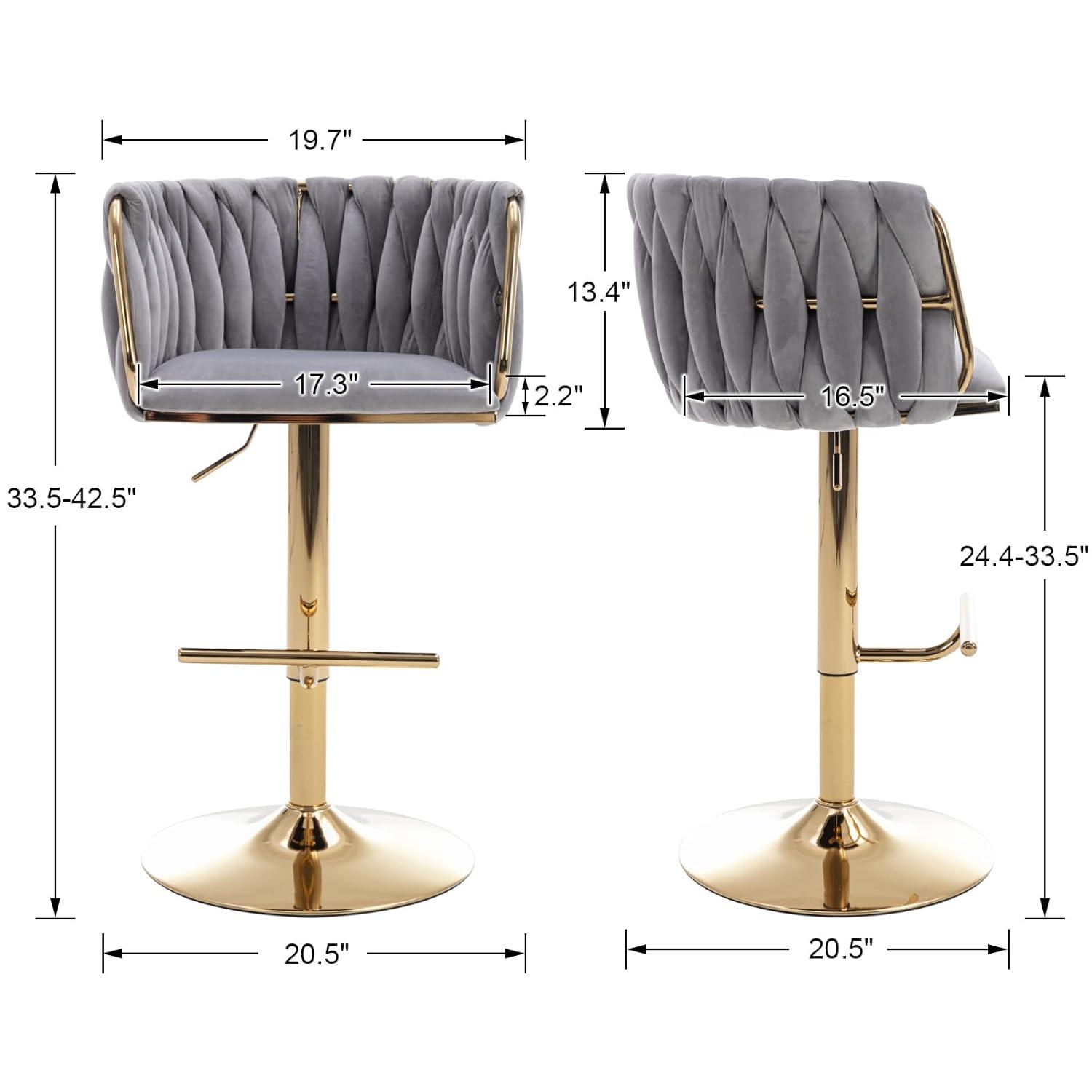 Velvet Bar Stools Set of 2, Counter Height Bar Stools with Low Back, Gold Swivel Barstools for Kitchen Island, Bar Pub (Grey)