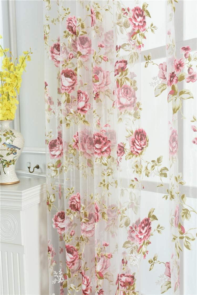 Rod Pocket Top Rose Floral Sheer Voile Curtain, Pink Flower Tulle Transparent Window Treatment for Living Room Bedroom Glass Door, 54 by 84 Inch Each,1 Set of 2 Panels …