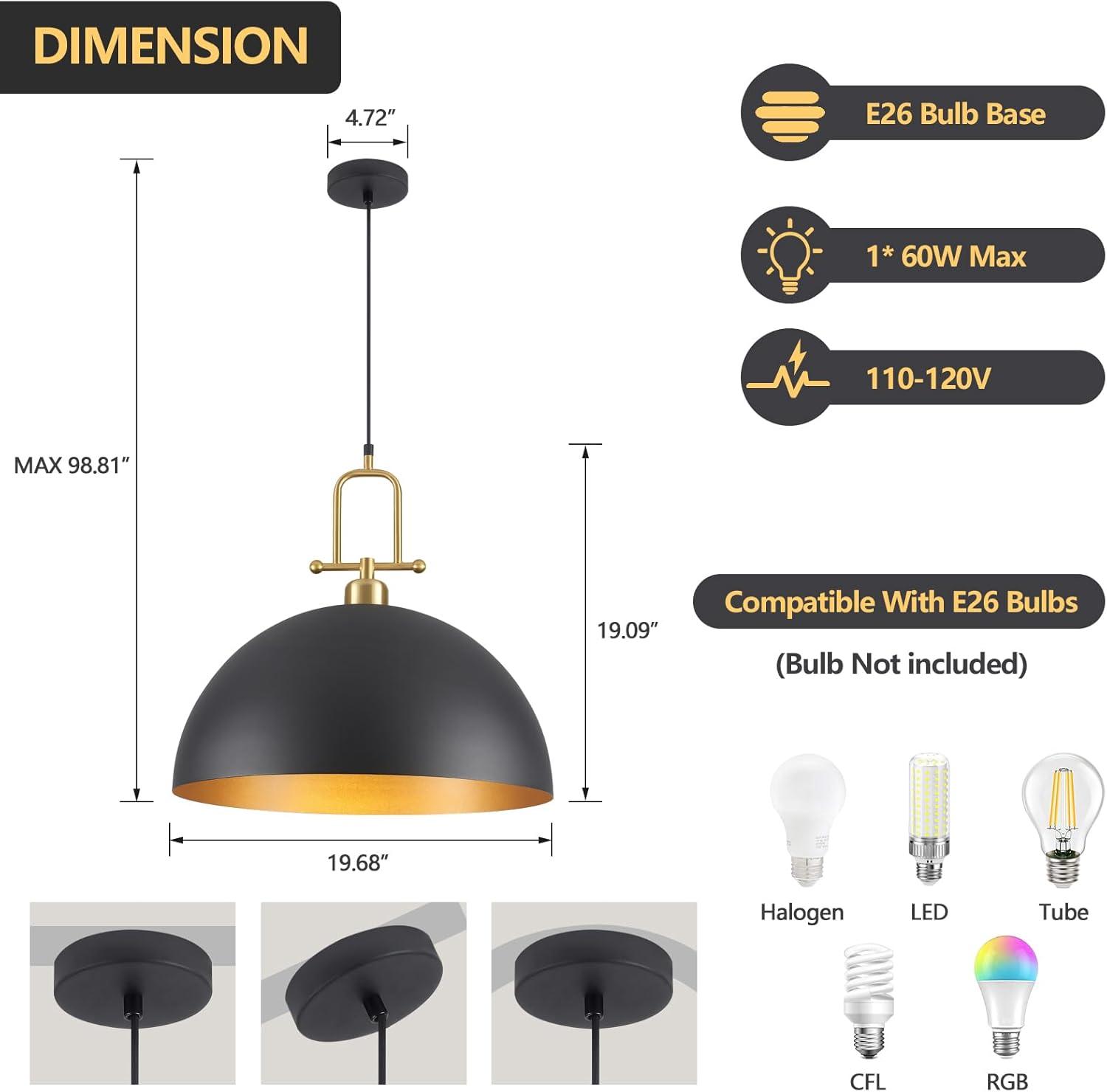 Everly Quinn 17.7" Farmhouse Vintage Black And Gold Pendant Light - Dome Chandelier For Kitchen Island, Dining Room, Hallway