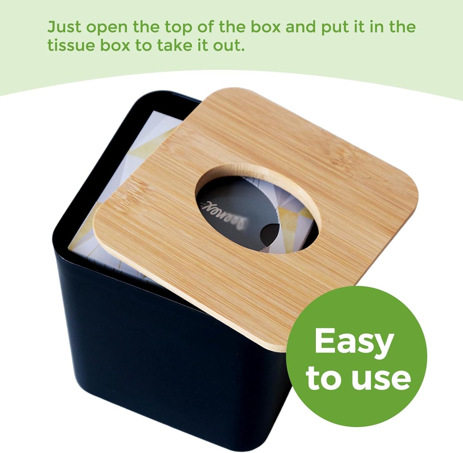 Tissue Box Cover Square, Black Tissue Box Holder with Bamboo Cover Plate, Cube Tissue Box Cover for Desk Accessories, Tissue Holders Decorative Square Tissue Box Tissue Holders for Bathrooms Bedrooms