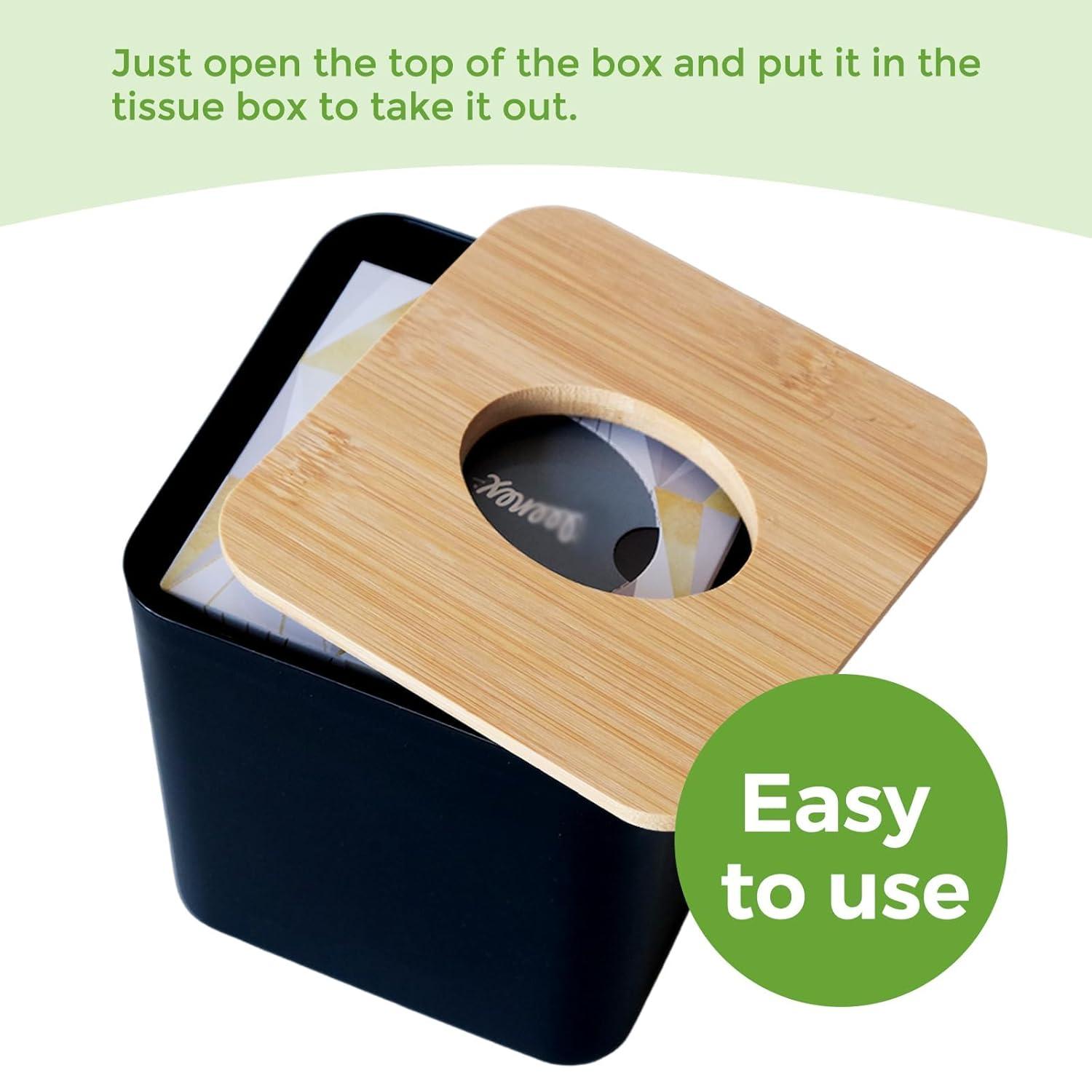 Tissue Box Cover Square, Black Tissue Box Holder with Bamboo Cover Plate, Cube Tissue Box Cover for Desk Accessories, Tissue Holders Decorative Square Tissue Box Tissue Holders for Bathrooms Bedrooms