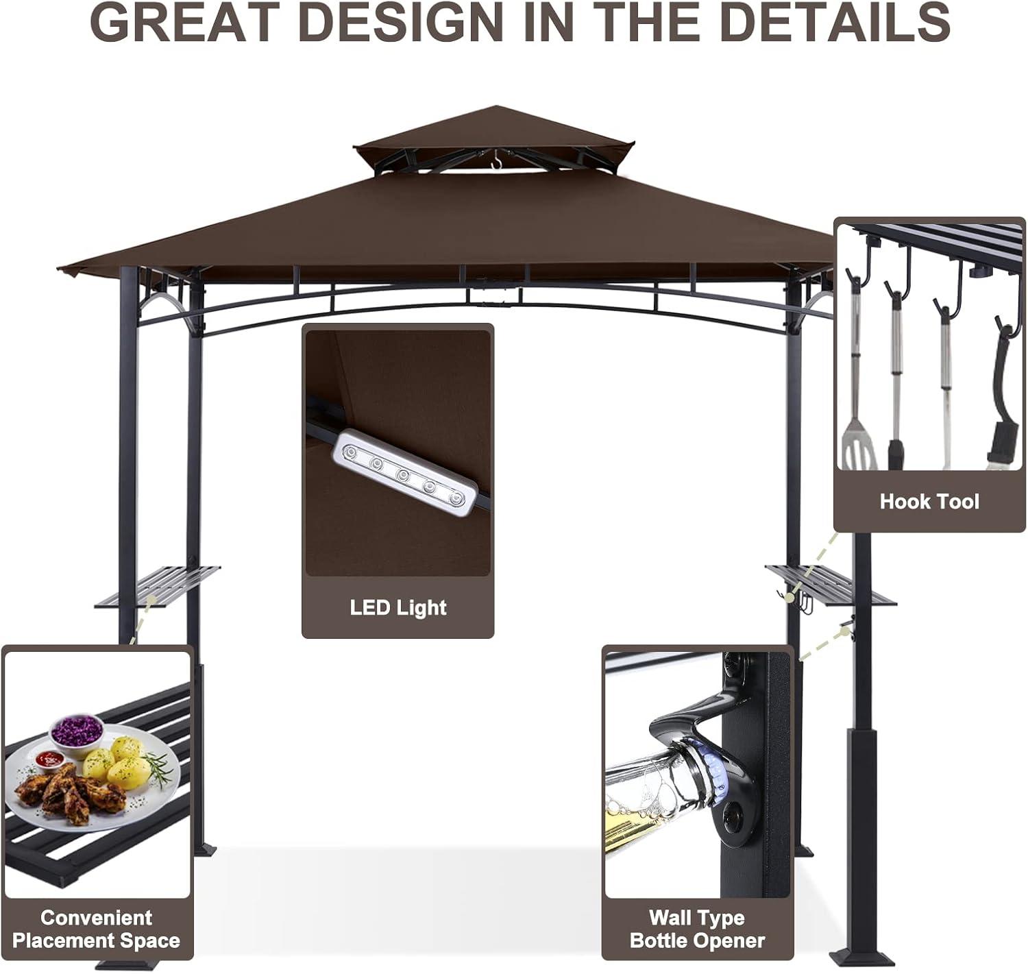 Brown 8' x 5' Grill Gazebo with LED Lights and Shelves