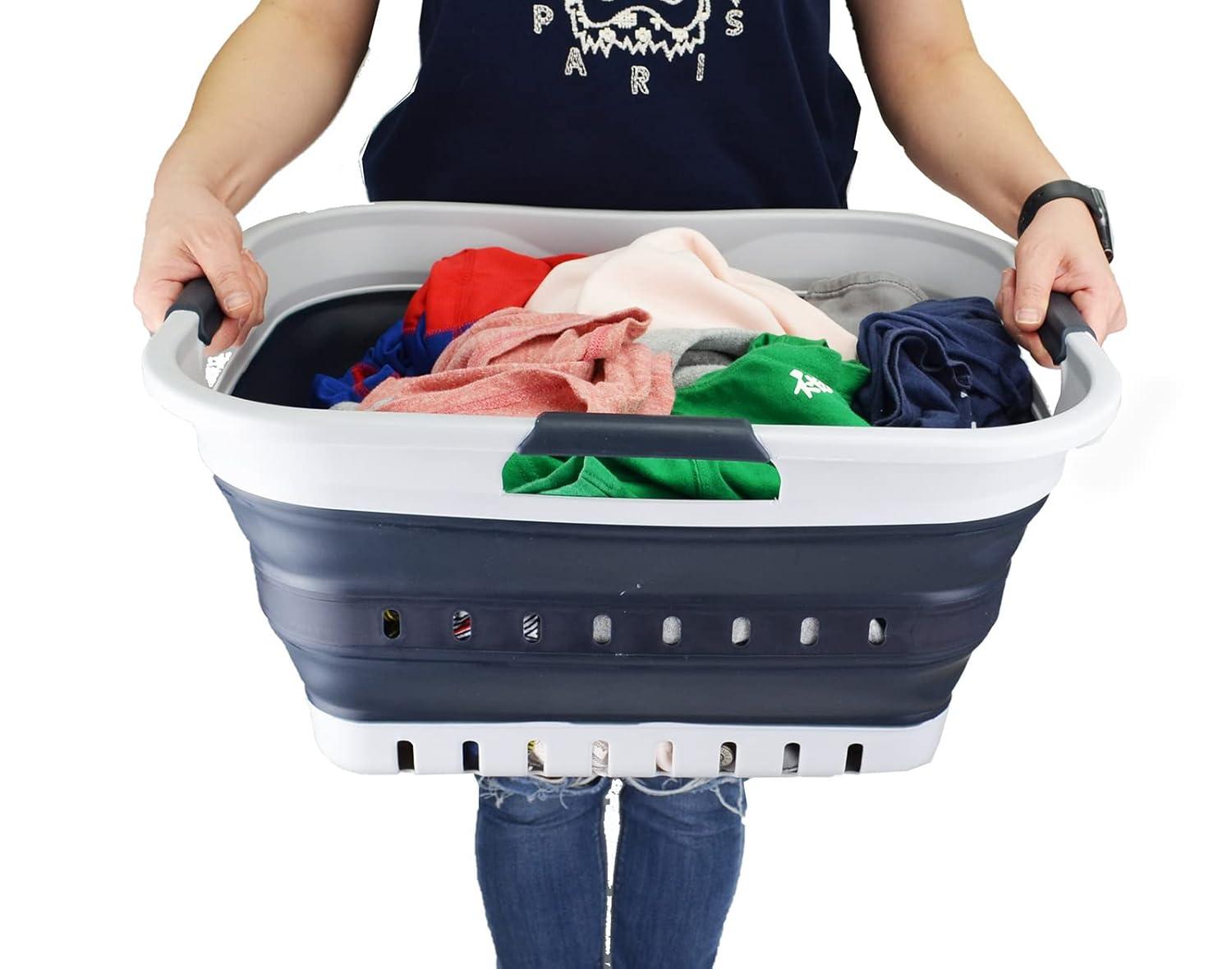 SAMMART 30L (8 gallon) Collapsible 3 Handled Plastic Laundry Basket, Grey/Slate Grey