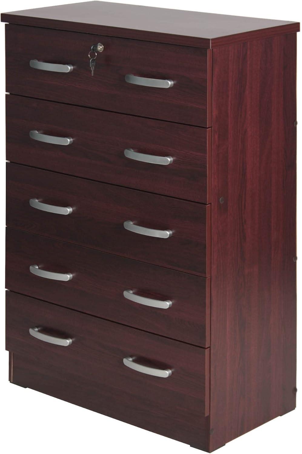 Modern Mahogany 5-Drawer Vertical Nursery Dresser with Lock