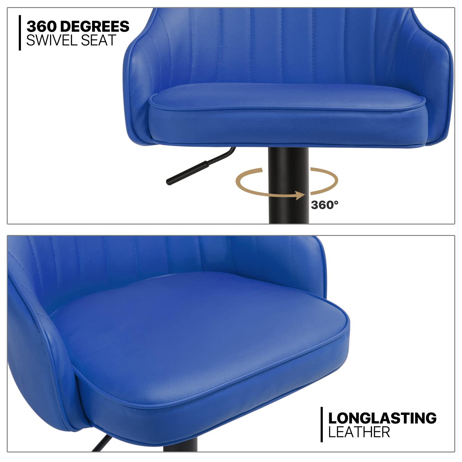 MoNiBloom Adjustable Modern Bar Stool Set of 2, Counter Height Chair Faux Leather with Backrest, for Kitchen Dining, Blue