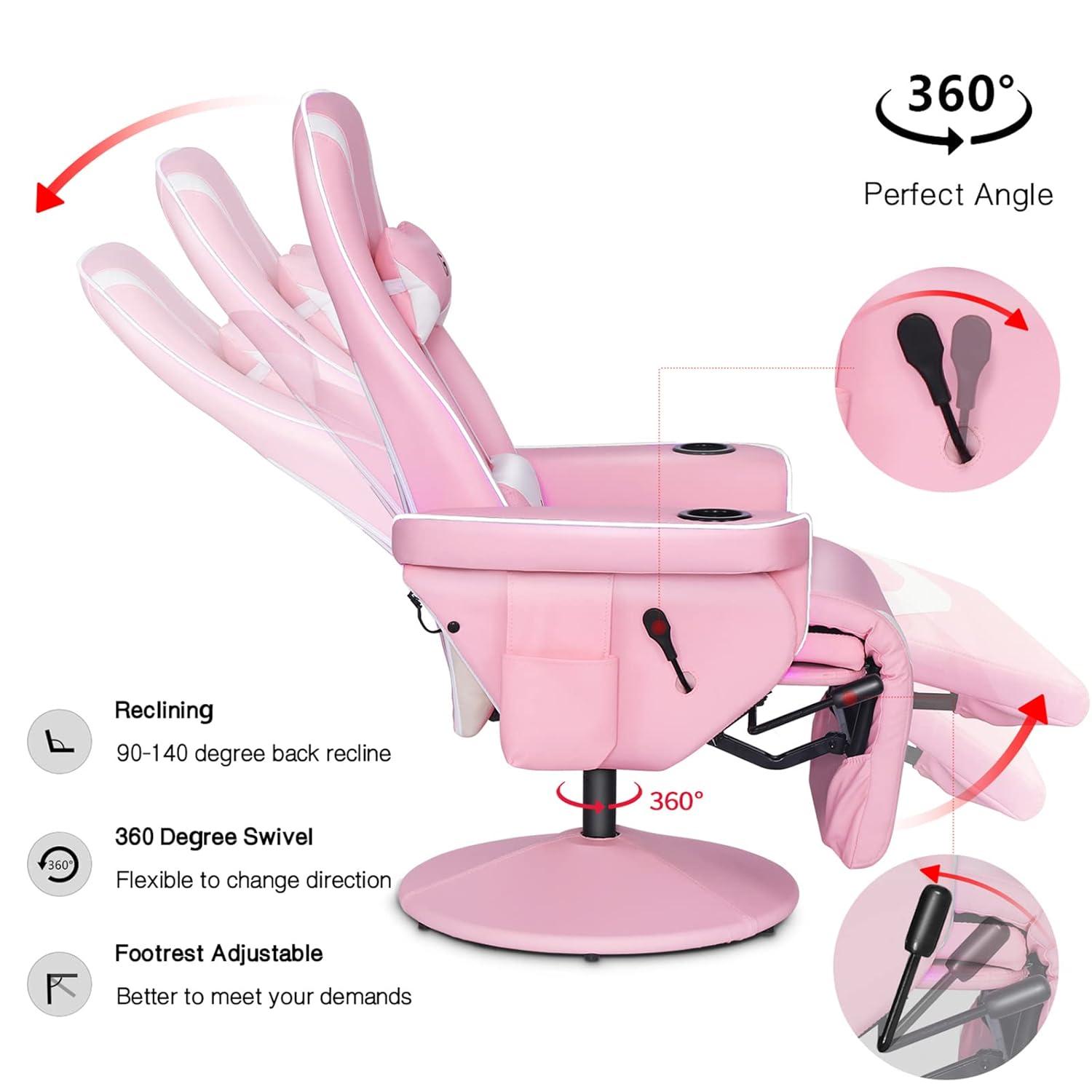 Queen Throne Video Gaming Chair Ergonomic Recliner Racing Chair, High Back Swivel Chair with Footrest and Adjustable Backrest, Lumbar Support, Headrest and Cupholders, Pink White