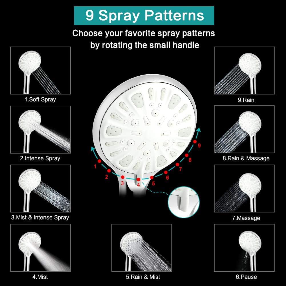 Mibote Shower Head, 8 Inch High Pressure Rainfall Shower Head/Handheld Shower Combo with 11 Inch Extension Arm, 9 Settings Adjustable Anti-leak Shower Head with Holder/Hose, Height/Angle Adjustable