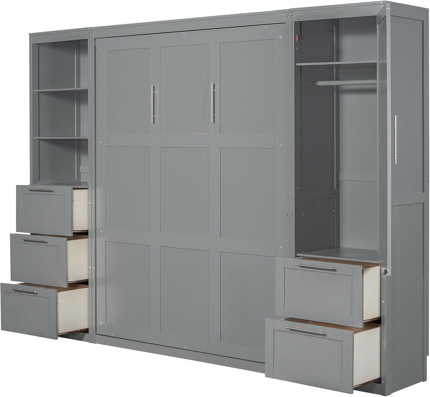 Gray Queen Size Murphy Bed with Closet and Storage Drawers