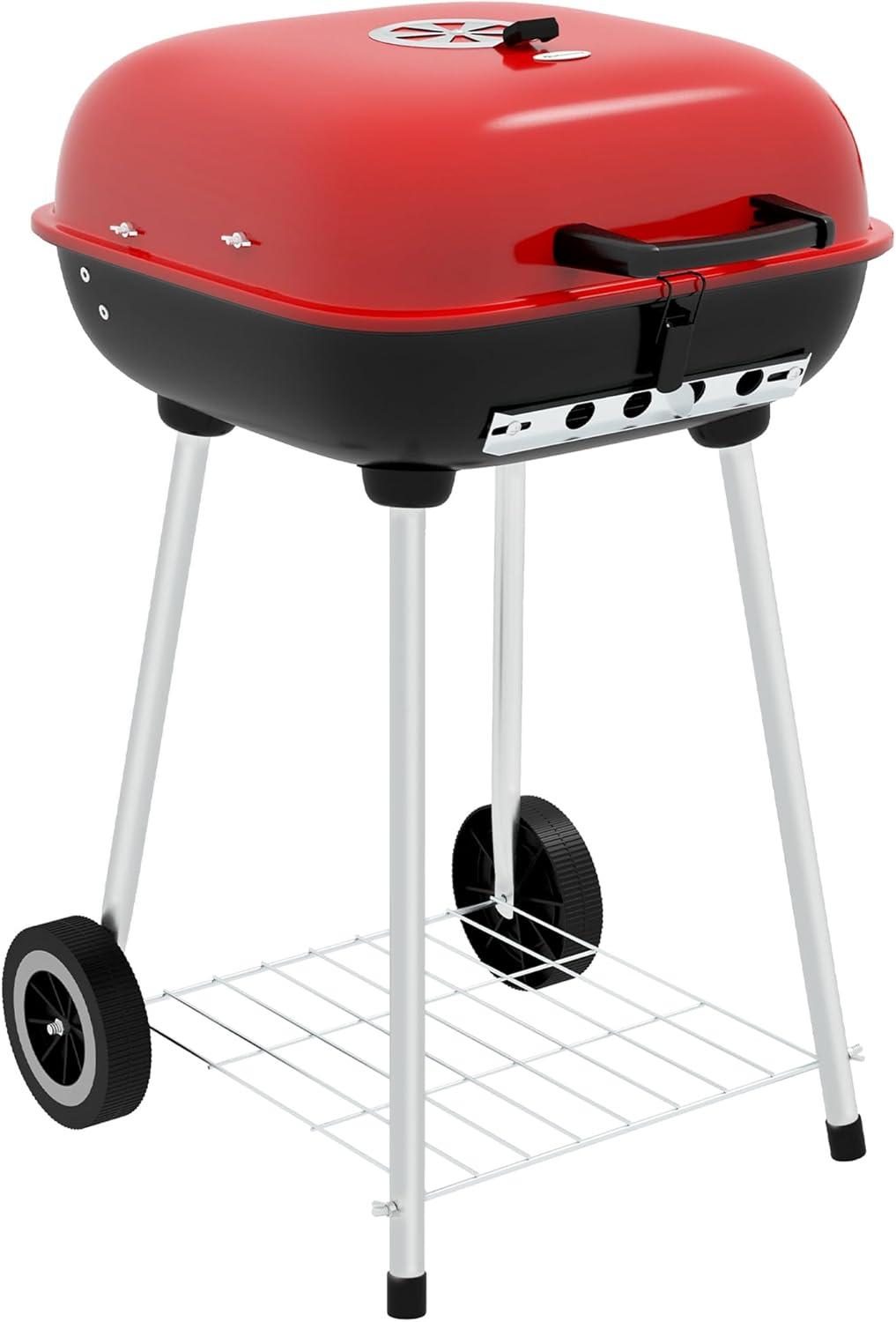 Outsunny 18" Portable Charcoal Grill with Wheels, Bottom Shelf and Adjustable Vents for Picnic, Camping, Backyard Cooking, Red