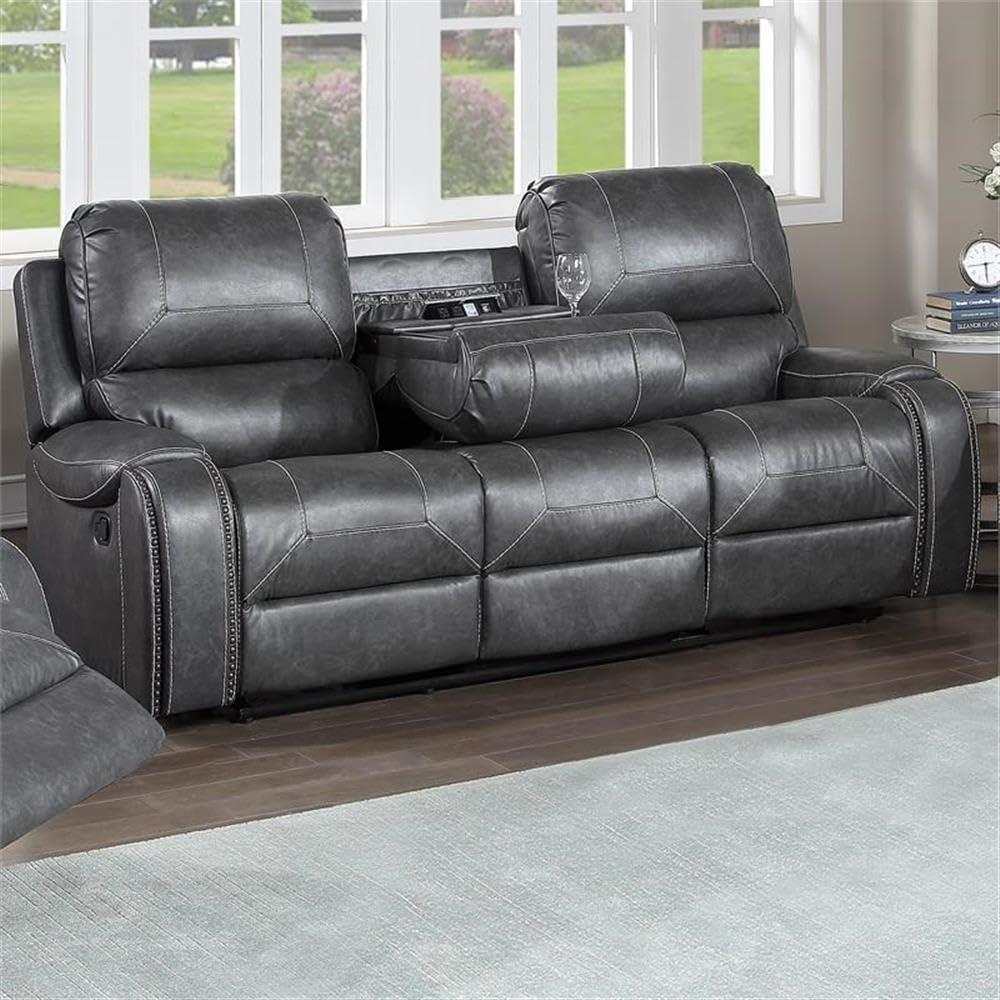 Gray Faux Leather Manual Reclining Sofa with Nailhead Trim