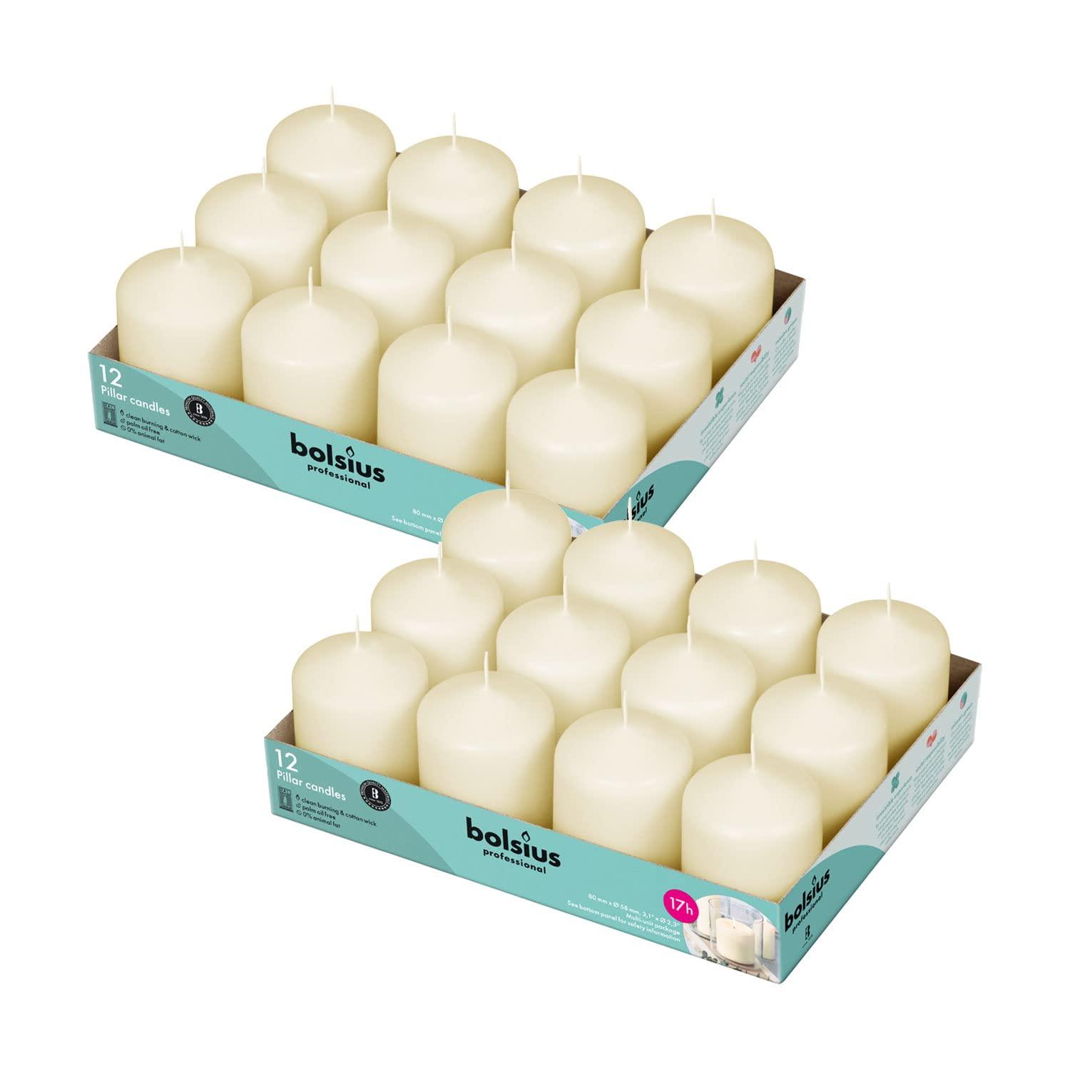 BOLSIUS Ivory Pillar Candles 2.3 X 3" Set Of 12 - Unscented Long 16 HOUR Slow Burning Dripless Smokeless Pillar Candles for Wedding Spa Home Party Decor - Bulk Small Ivory Pillar Candles