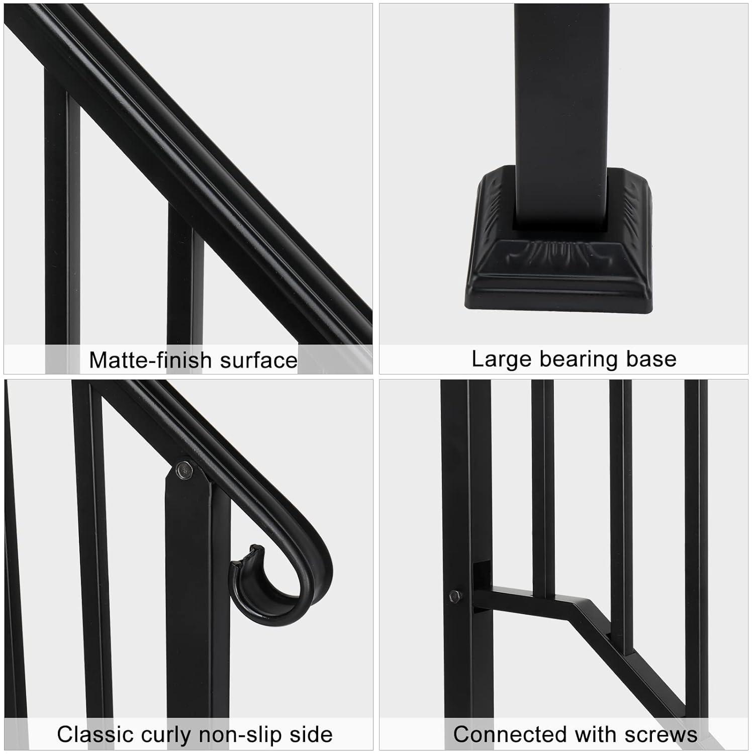 Outvita Handrails for Outdoor Steps, Black Wrought Iron Handrail Fits 2 or 3 Steps, Transitional Handrail with Installation Kit, Stair Railing for Concrete Steps or Wooden Stairs