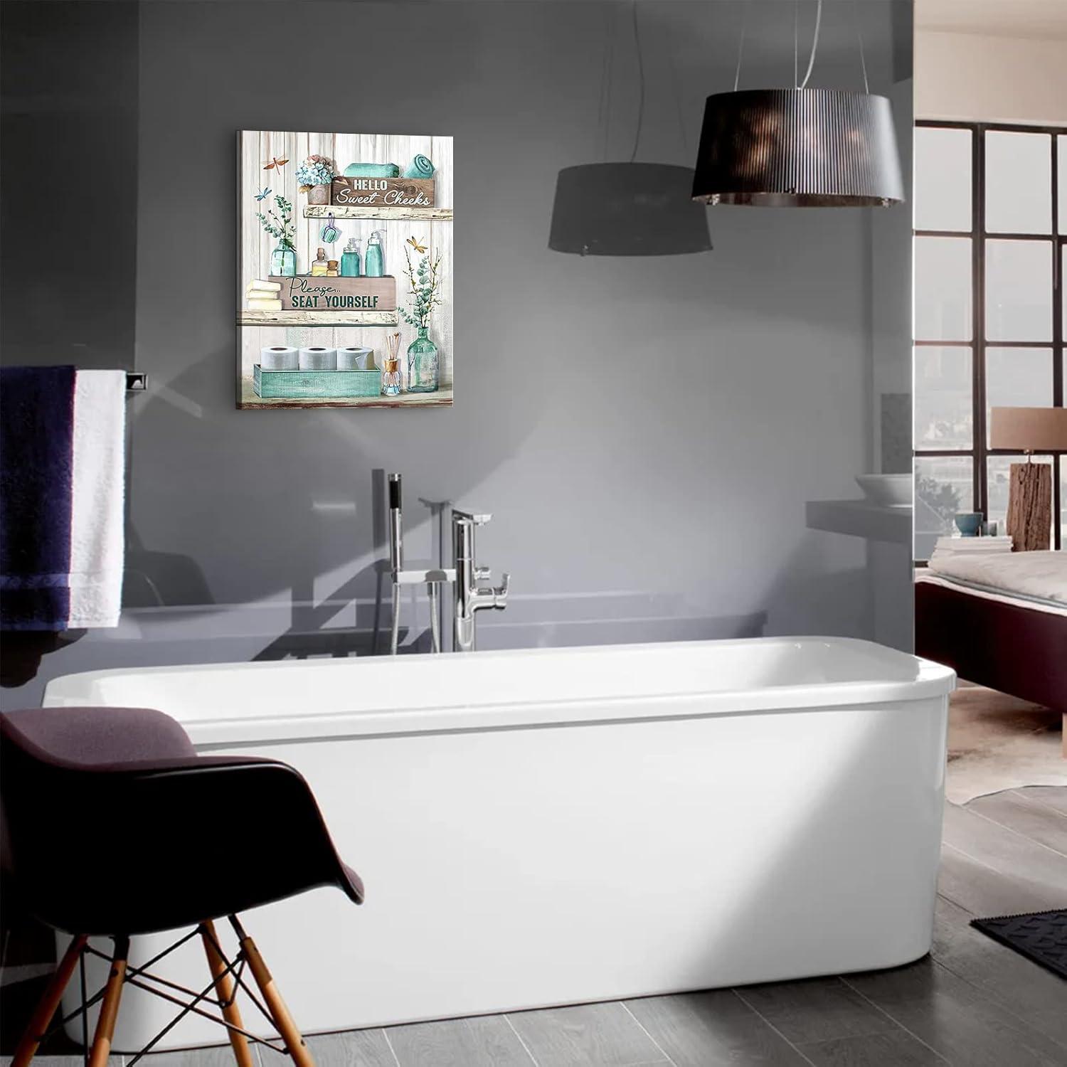 Rustic Bathroom Sign - Turquoise Canvas Wall Art - Modern Home Decor - Framed, Ready To Hang - 12x16 Inch