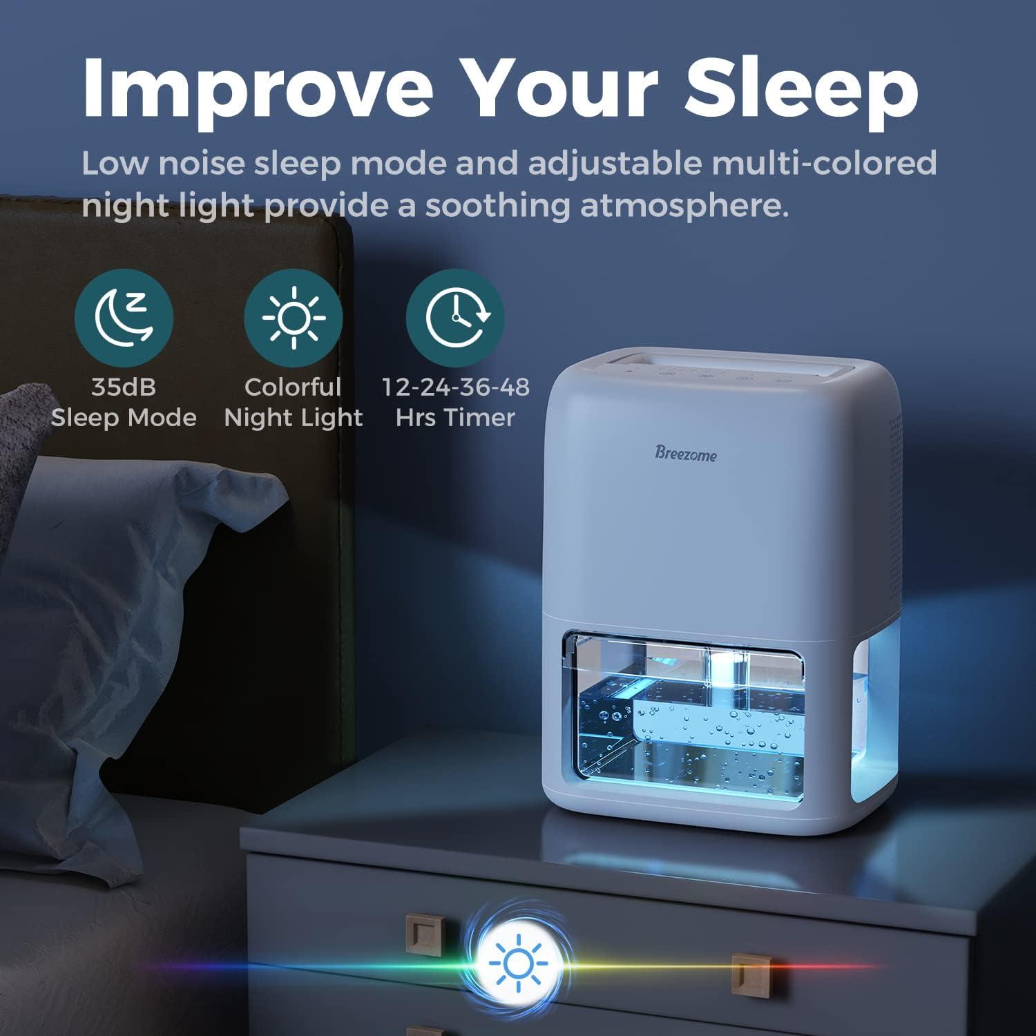 BREEZOME 60 OZ Dehumidifiers for Home, Dual-Semiconductor Quiet Dehumidifier with Timer Sleep Mode Auto-Off 7 Colors Light Portable Small Dehumidifiers for Bathroom, Cloakroom, RV