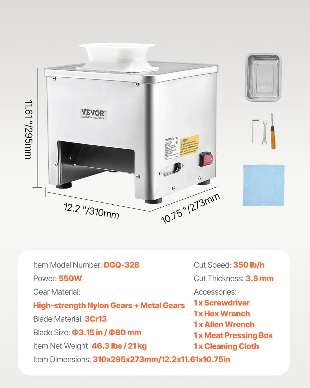 VEVOR Meat Cutter Machine, 550W Meat Slicer, 350 lb/h Commercial Meat Cutting Machine, Stainless Steel, 2.5-10 mm Thickness, Electric Food Cutting Slicer for Home Kitchen, Restaurant, Supermarket