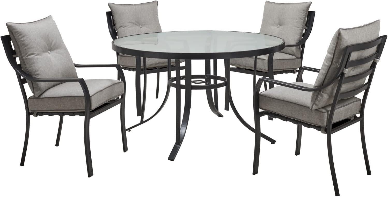 Hanover Lavallette 5-Piece Outdoor Dining Set in Silver, 4 Chairs and a 52 in. Round Glass-Top Table