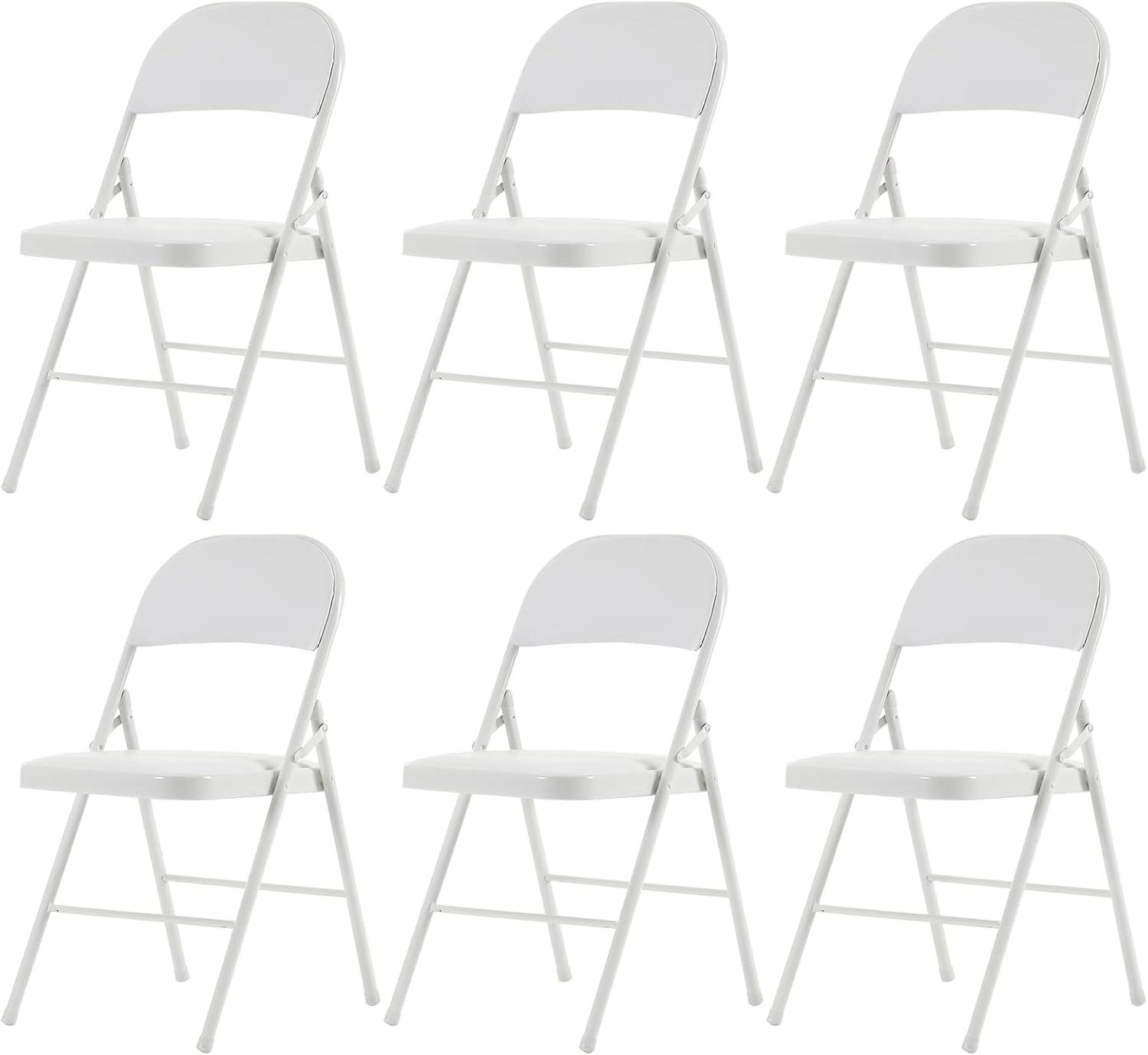 Folding Chairs with Padded Cushion and Back, 6pcs Potable Iron & PVC Durable Chairs for Indoor and Outdoor, School, Office and Garden Party, White