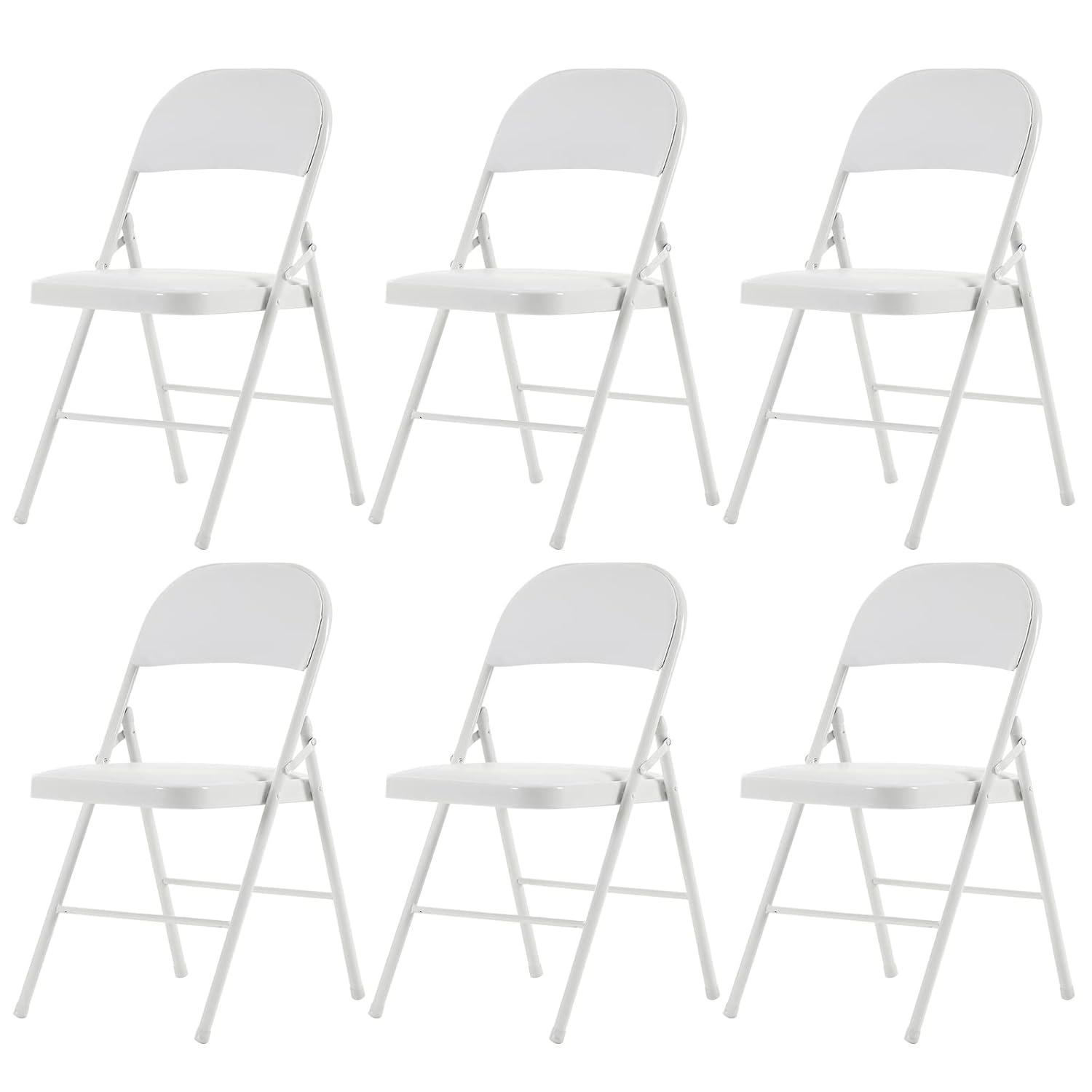 Folding Chairs with Padded Cushion and Back, 6pcs Potable Iron & PVC Durable Chairs for Indoor and Outdoor, School, Office and Garden Party, White