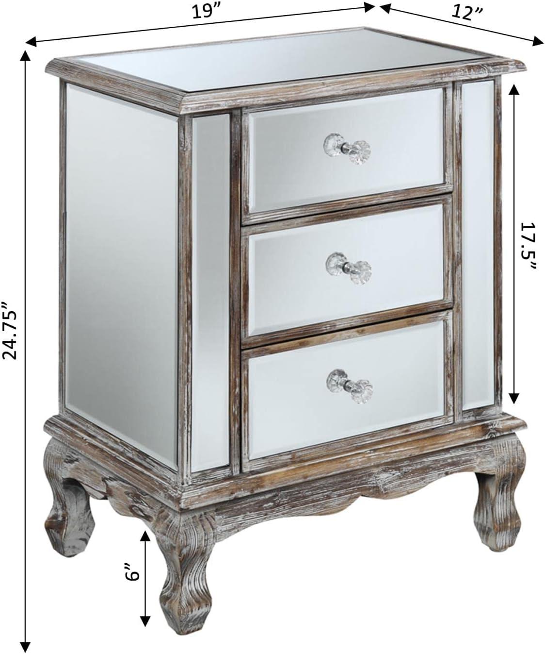 Gold Coast Vineyard Three-Drawer Mirrored End Table in Weathered White Wood