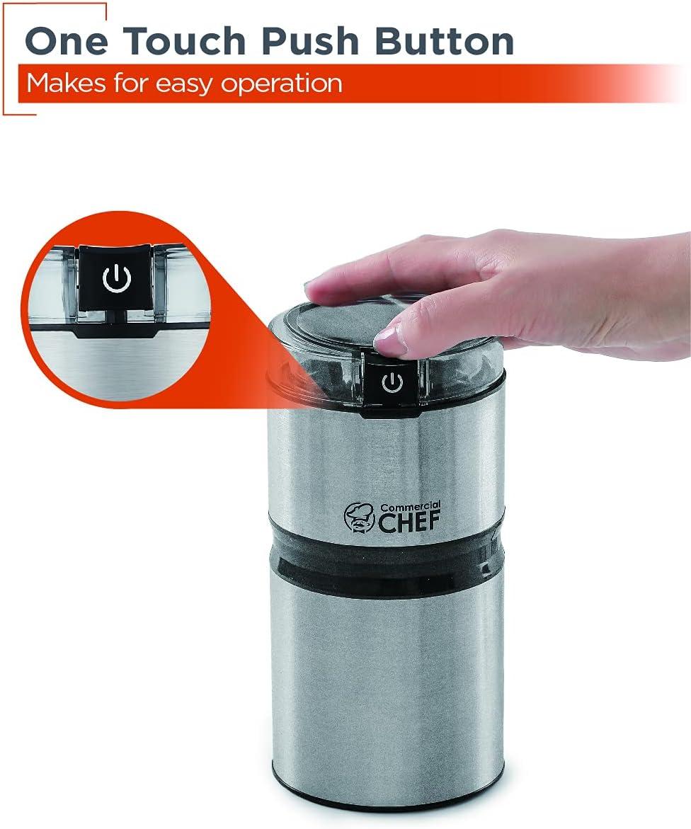 Commercial Chef Electric Coffee Grinder, Brushed Stainless Steel Texture and Transparent Lid