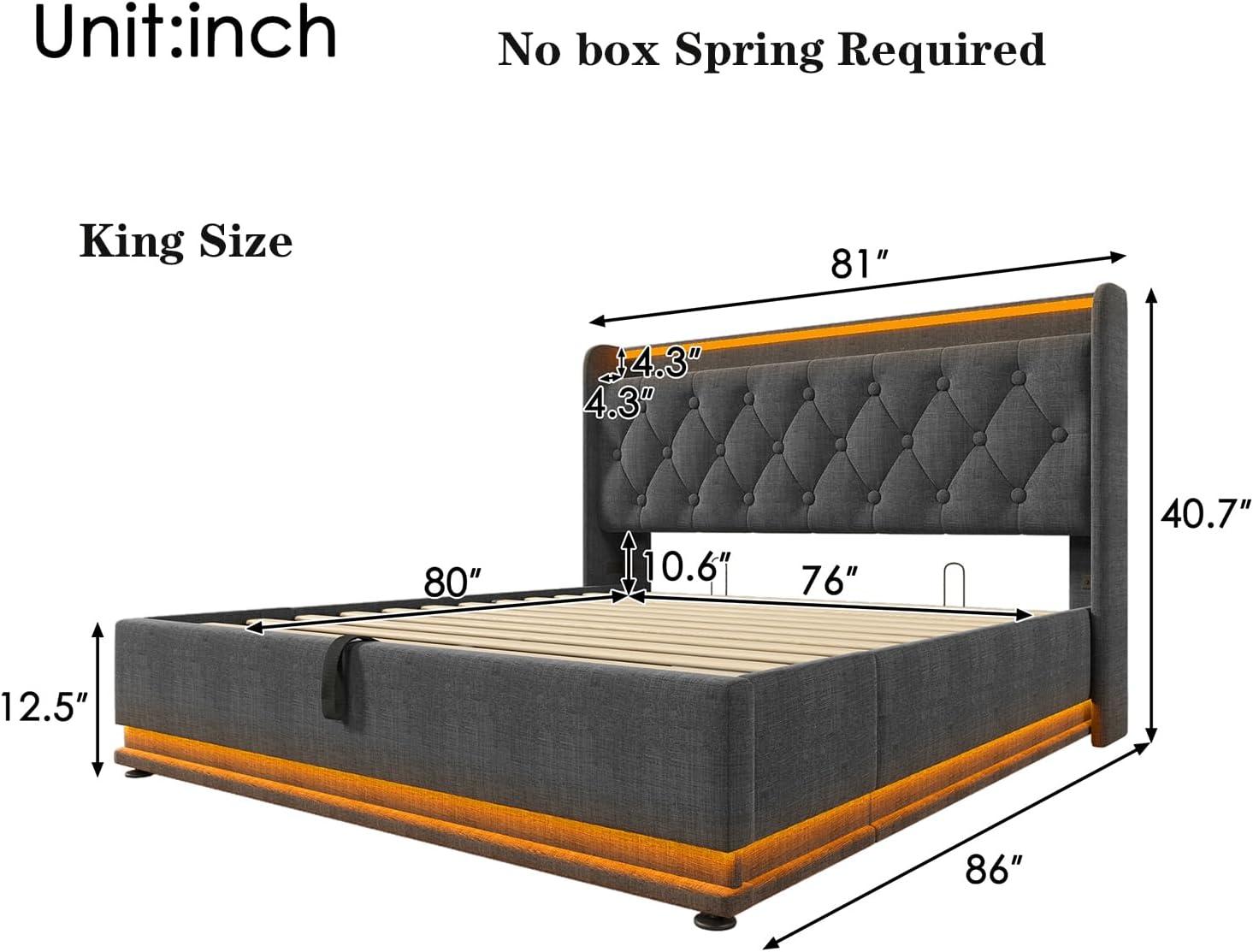 King Size Lift up Storage Platform Bed with 360 Degree Surround LED Light, Bedroom Upholstered Hydraulic Smart Bed Frame, No Noise, No Spring Mattress Required, Easy to Assemble (Gray, King)