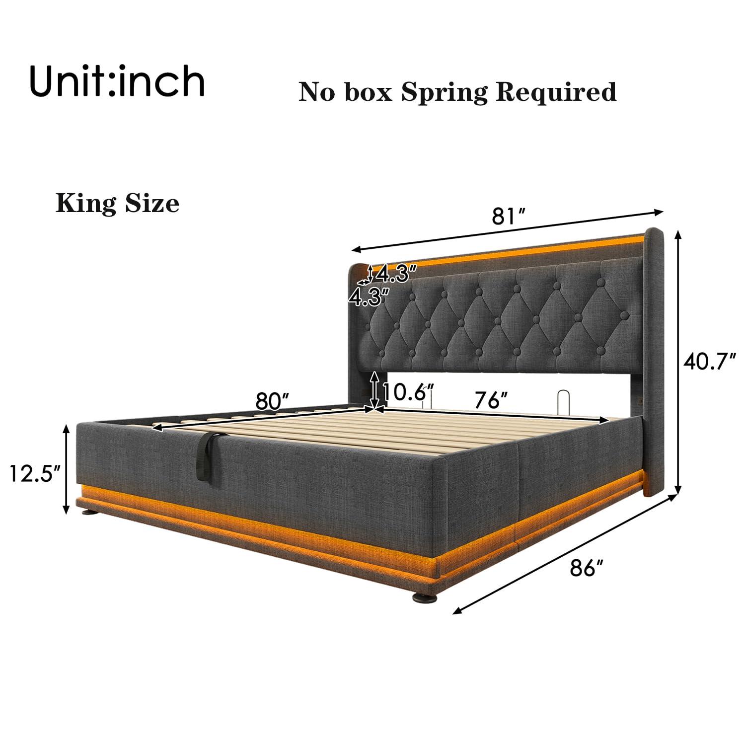 King Size Lift up Storage Platform Bed with 360 Degree Surround LED Light, Bedroom Upholstered Hydraulic Smart Bed Frame, No Noise, No Spring Mattress Required, Easy to Assemble (Gray, King)