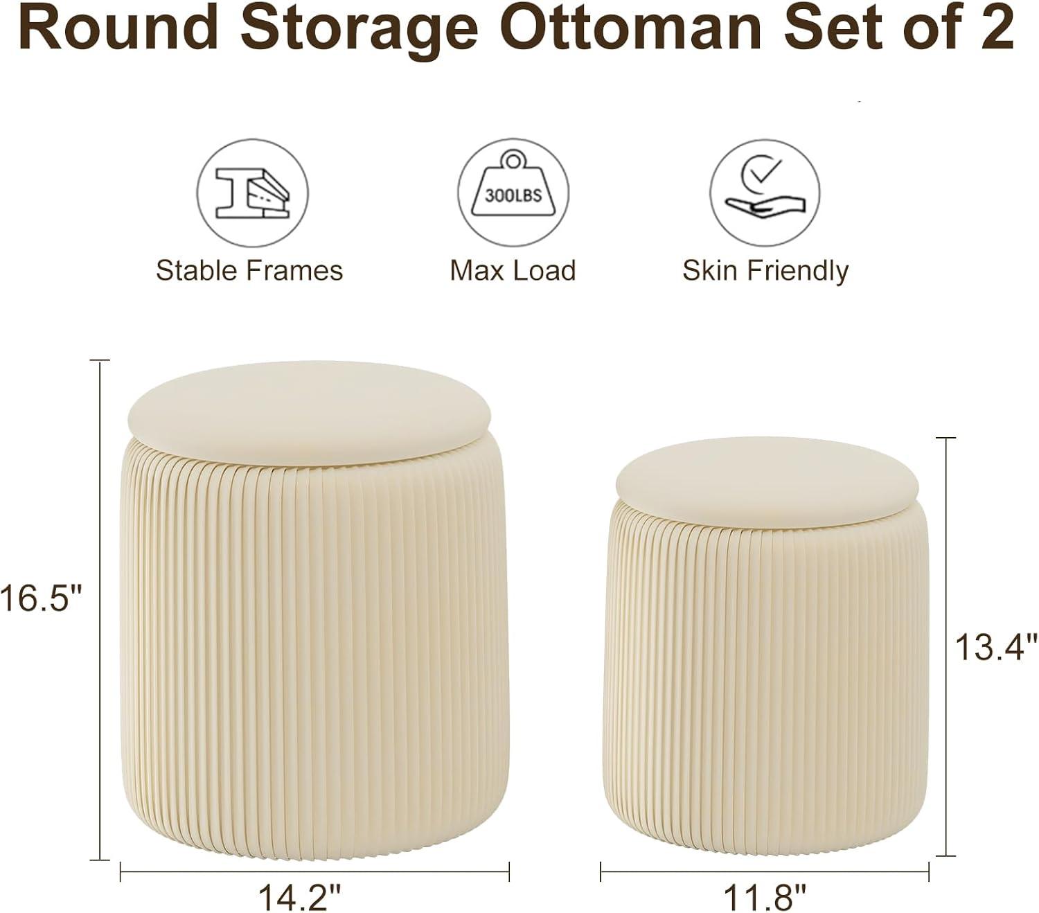 Cream Velvet Round Storage Ottoman Set with Removable Lid