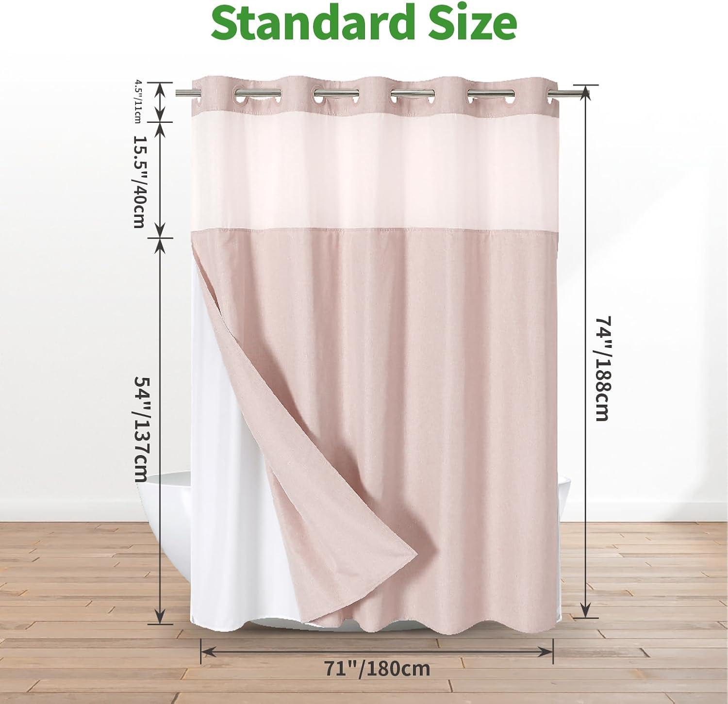 No Hooks Needed Linen Textured Shower Curtain with Snap-in Fabric Liner Set,with Mesh Top Window