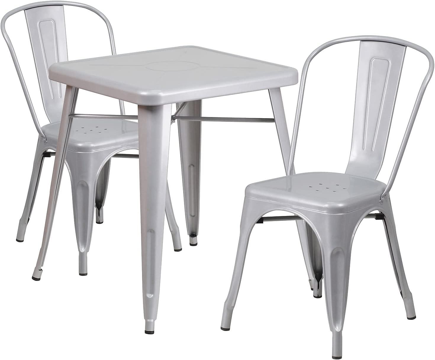 Silver Square Metal Indoor-Outdoor Dining Set with 2 Chairs