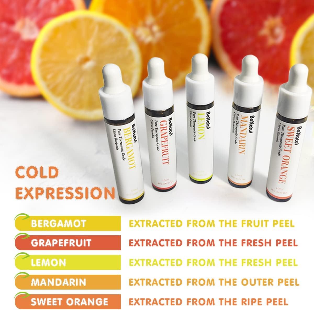 Benatu Citrus Essential Oils Set for Diffuser (Lemon, Sweet Orange, Grapefruit, Bergamot, Mandarin), Natural Fruity Home Fragrance Gift for Women & Men, Aromatherapy Oils for Skin, Candle & Soap