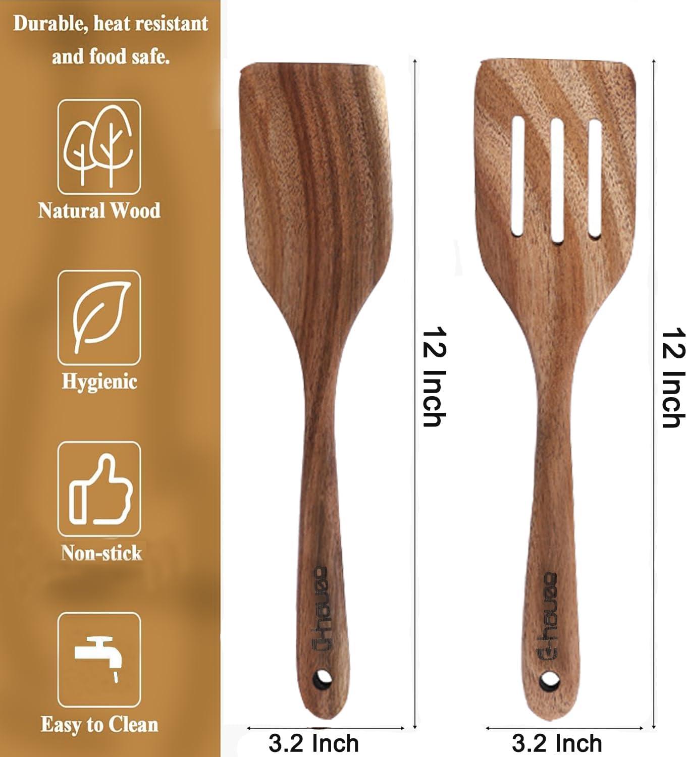 2 Pack Wood Spatula Wooden Turners for Cooking Acacia Wood Cooking Spoon Slotted Turners Wooden Kitchen Utensils Non-stick Kitchen Utensils with Frying Spatula Turner Flipper Spatulas Set