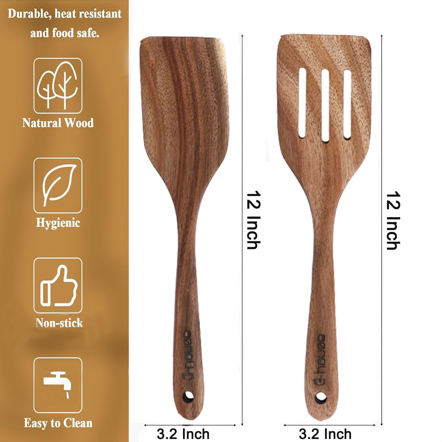 2 Pack Wood Spatula Wooden Turners for Cooking Acacia Wood Cooking Spoon Slotted Turners Wooden Kitchen Utensils Non-stick Kitchen Utensils with Frying Spatula Turner Flipper Spatulas Set