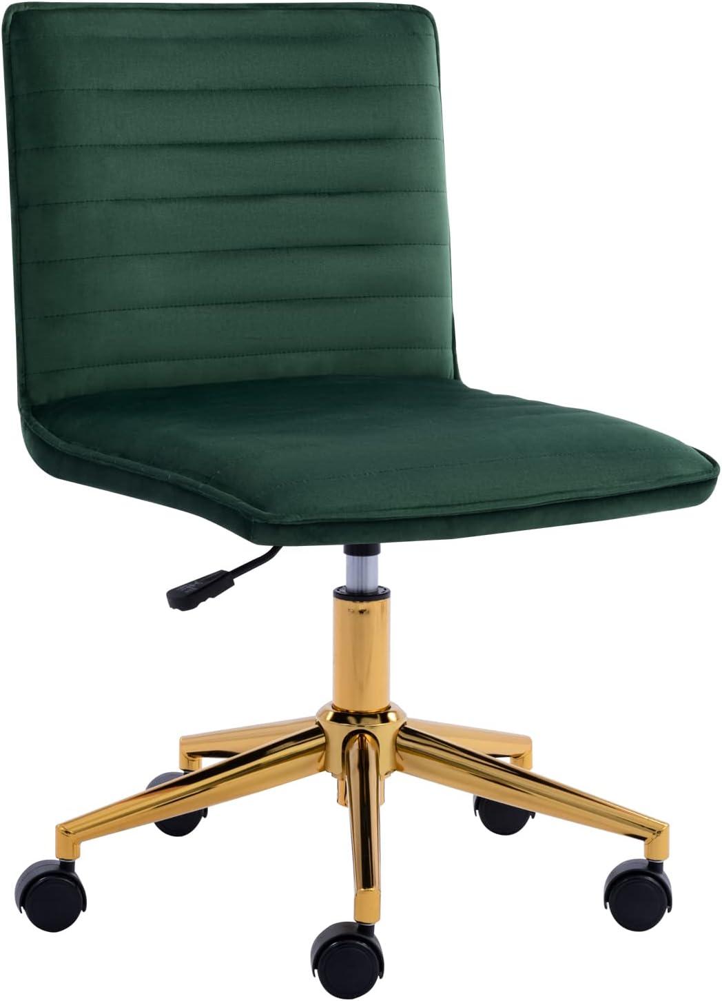 Furniliving Velvet Armless Mid-Back  Task Chair Swivel Office Chair Rolling Computer Chair Adjustable Vanity Chair, Dark Green