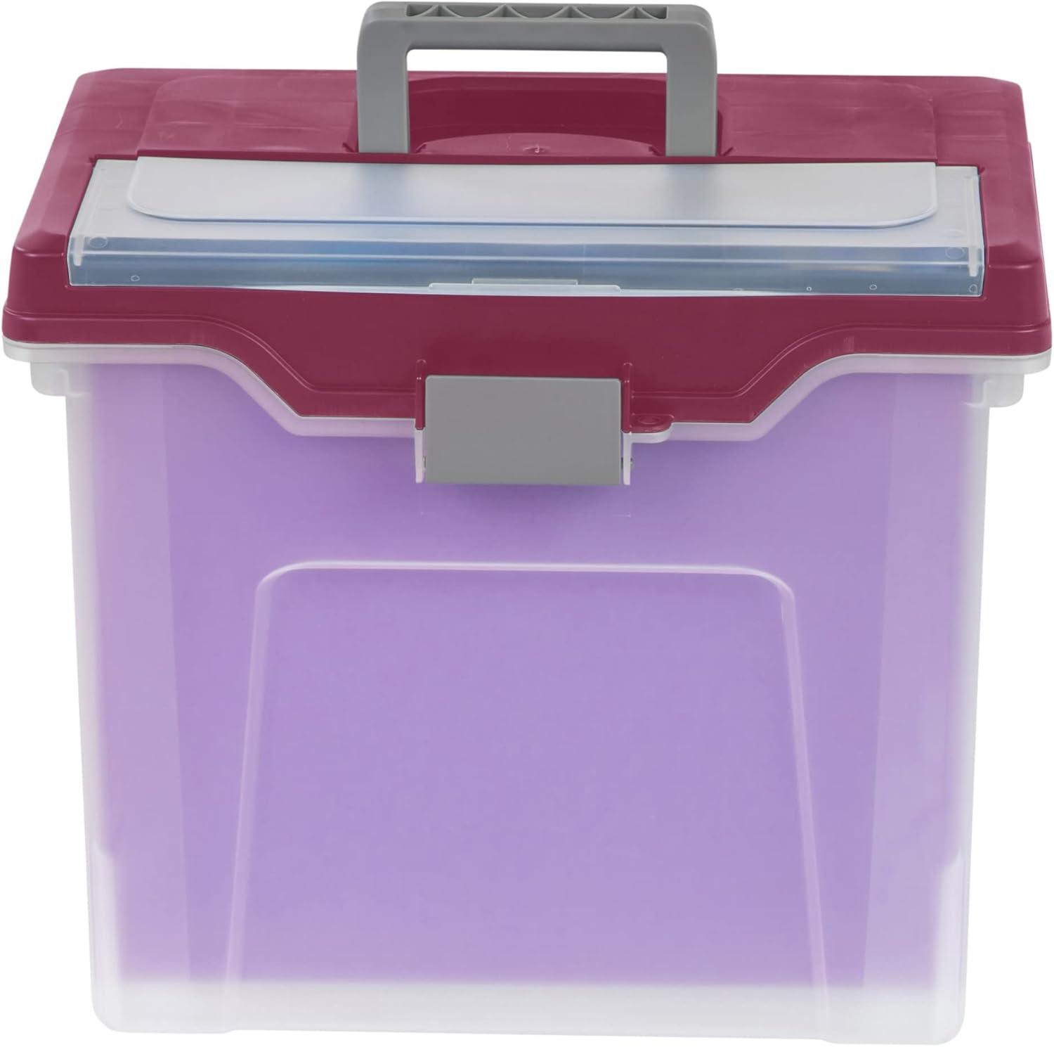 Large Clear and Burgundy Portable File Box with Lockable Buckle