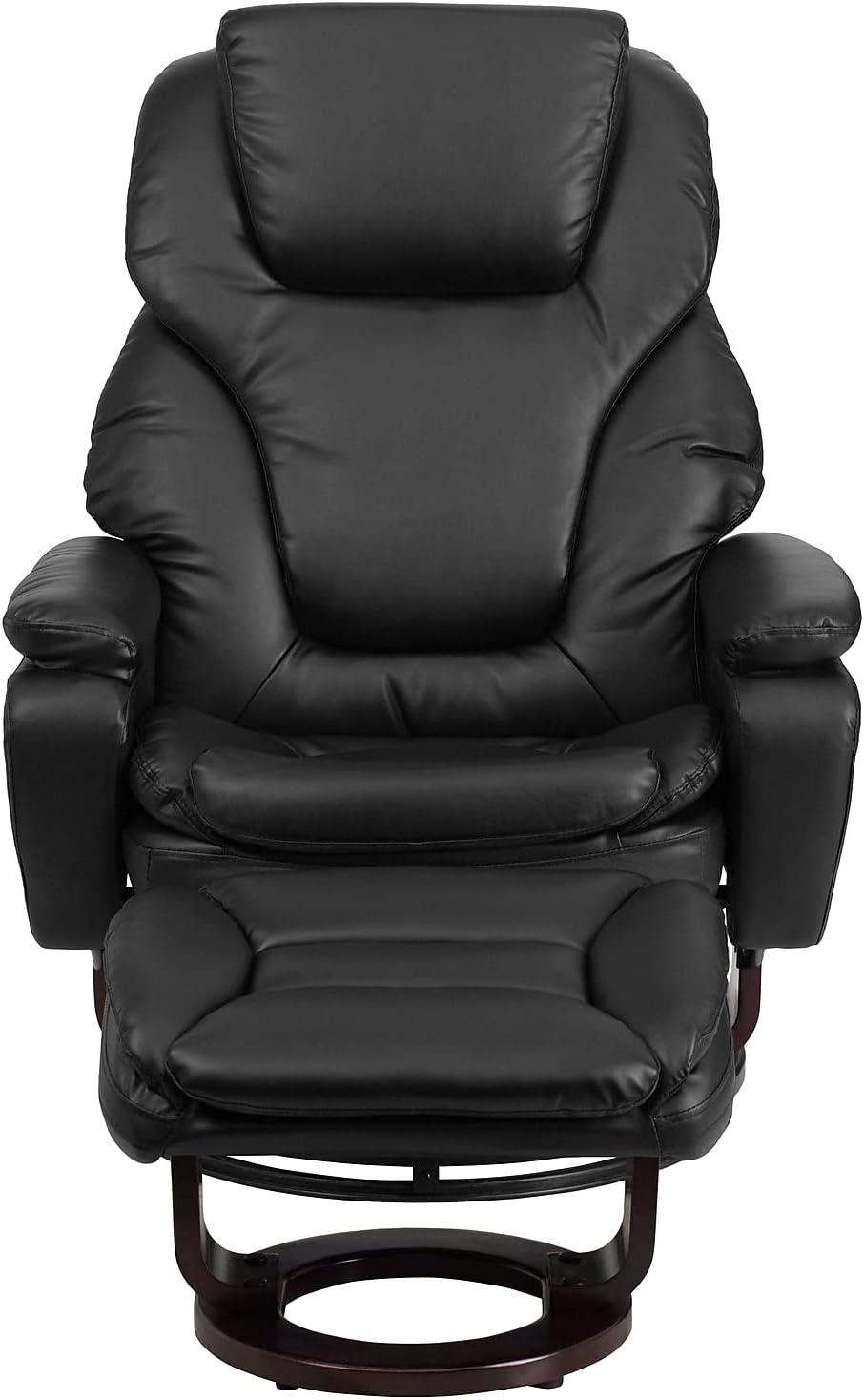 Black Leather Swivel Recliner with Ottoman and Wood Base