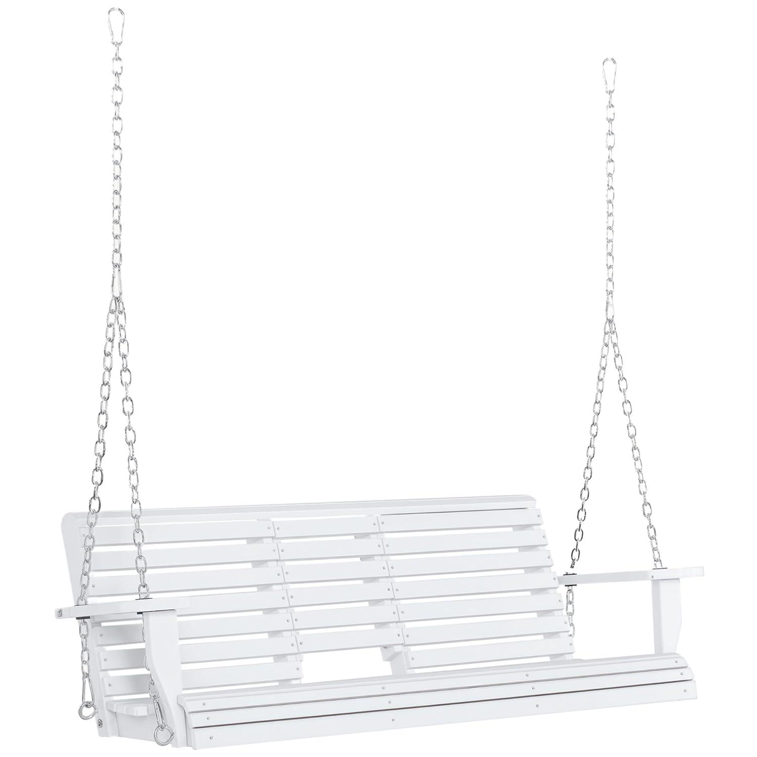 Outsunny 3-Seater Wooden Porch Swing, Patio Swing Bench with Folding Coffee Table, Cup Holders and Chains Included, 440lbs Weight Capacity, White