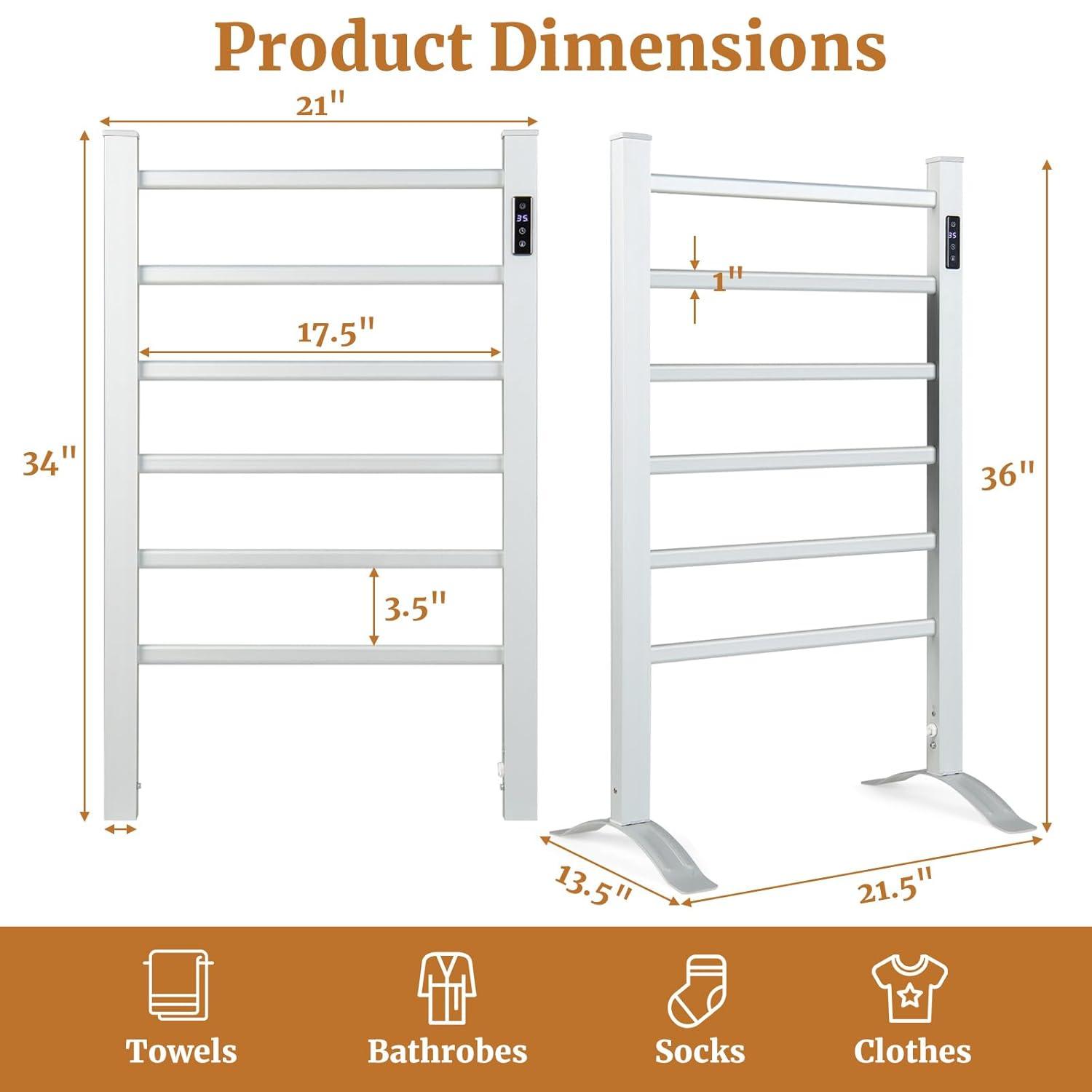 Costway Freestanding Wall Mounted Towel Warmer 6-Bar Aluminum Heated Towel Rack w/ Timer