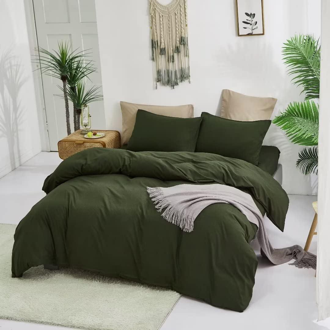 3 Piece 100% Washed Cotton Army Green Duvet Cover Set Luxury Soft and Breatheable Bedding Set with Zipper Closure,Queen Size