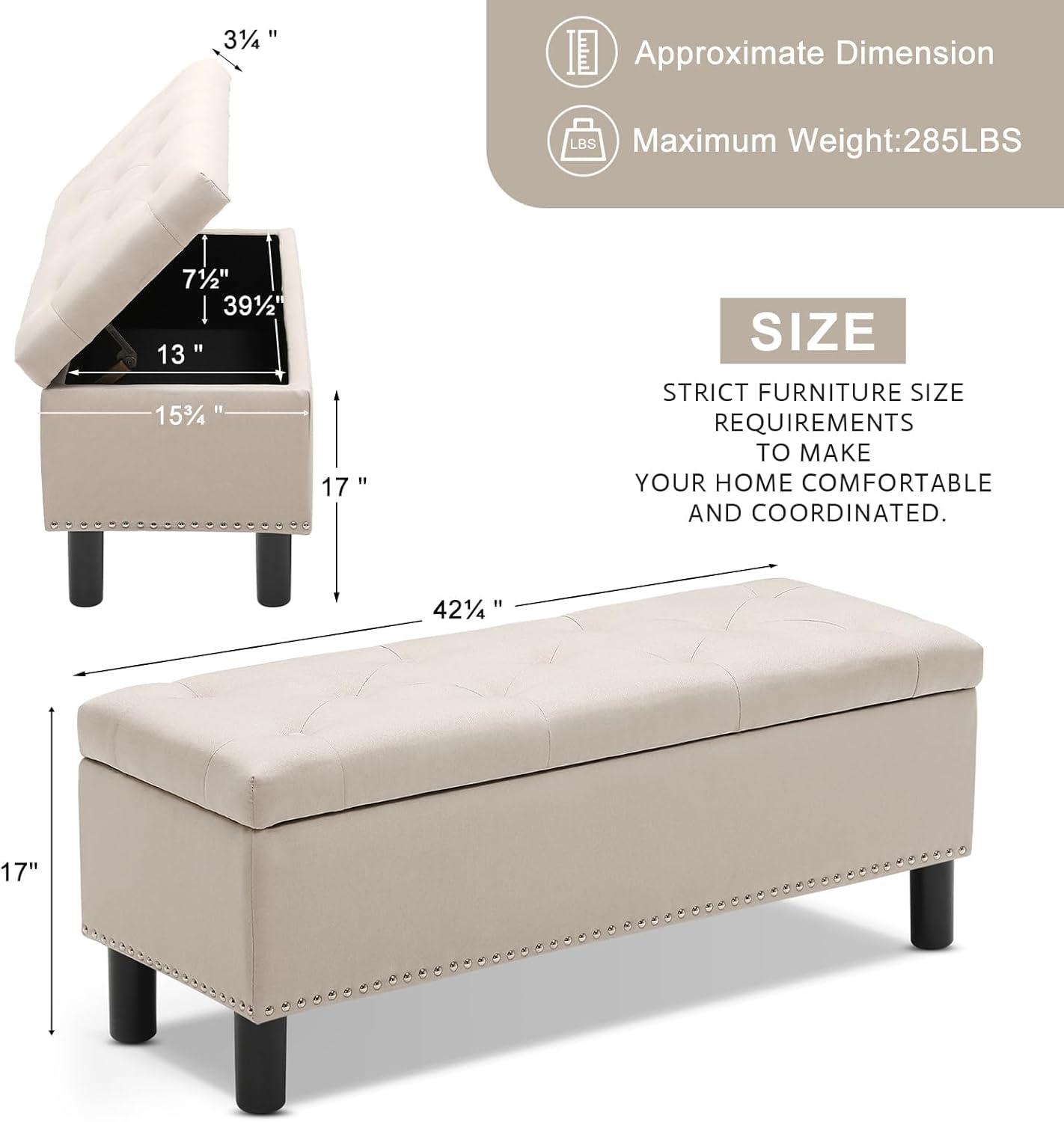 Yunwen Large Storage Ottoman, Beige, Wood Frame, Linen Fabric, 285 Lbs Capacity