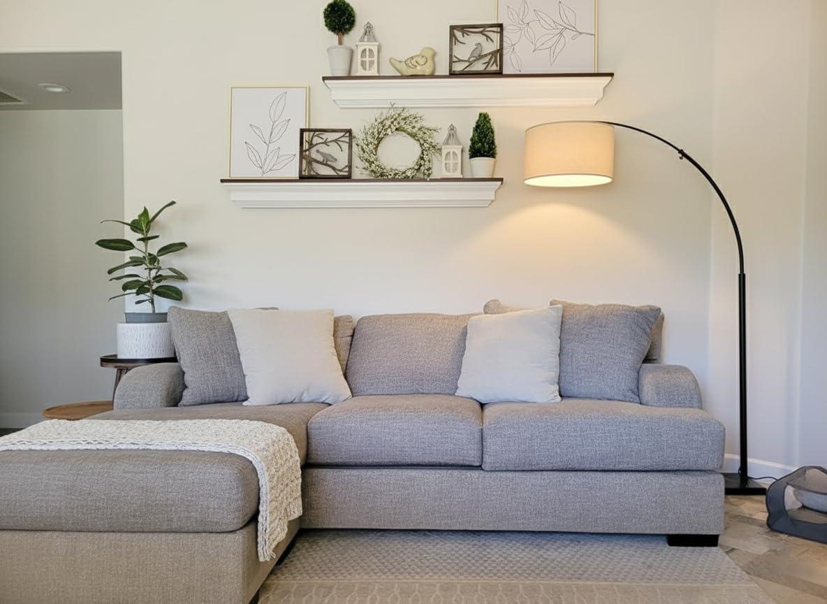 Brightech Logan 76" Modern Adjustable LED Arc Floor Lamp with Black Marble Base and Tan Fabric Drum Shade, Bulb Included