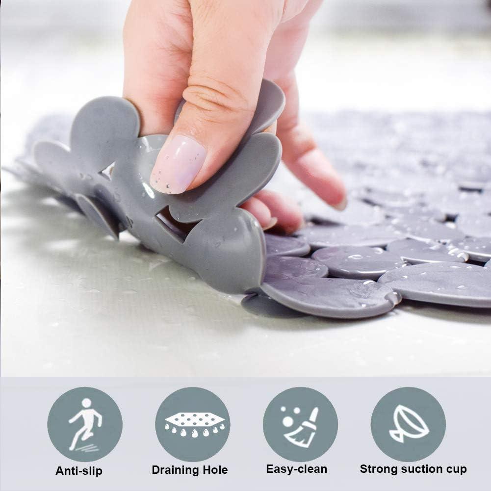 Gray PVC Pebble Bath Mat with Suction Cups and Drain Holes, 35x16 Inches