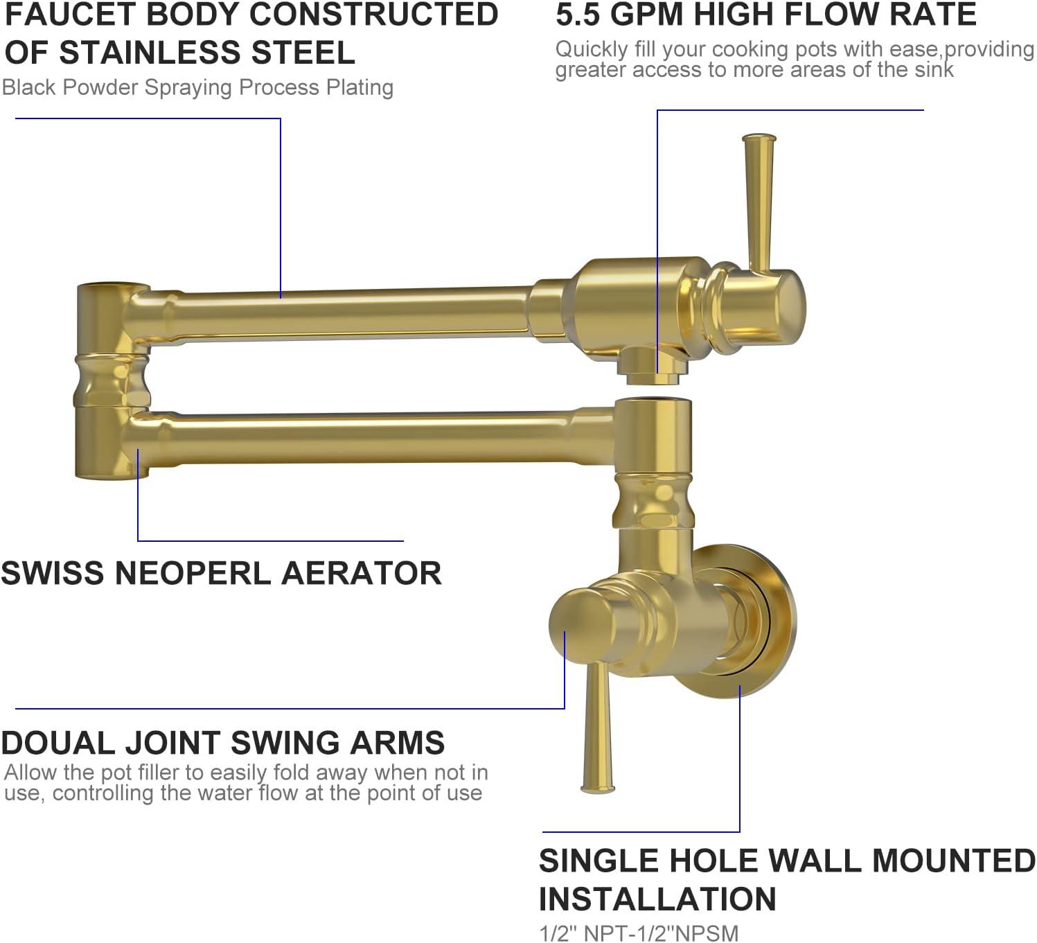 Pot Filler Faucet Brushed Nickel, ARCORA Modern Pot Filler Wall Mount Kitchen Folding Faucet 2 Handle With Double Joint Swing Arms Brass Stove Faucet